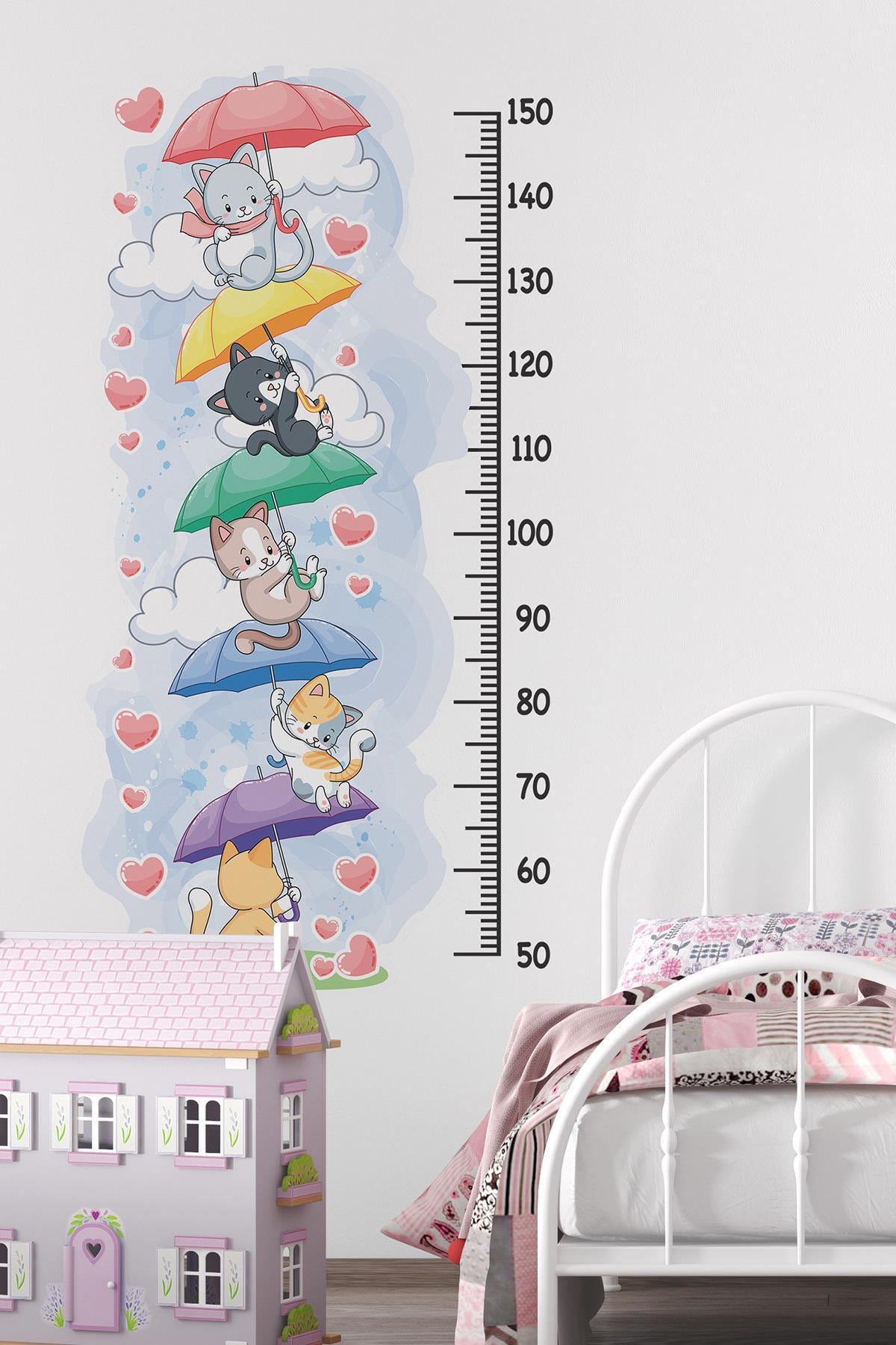Sevimli Kedilerle Süslü Boy Cetveli Sticker, Çocuk Bebek Odası Boy Ölçer Sticker