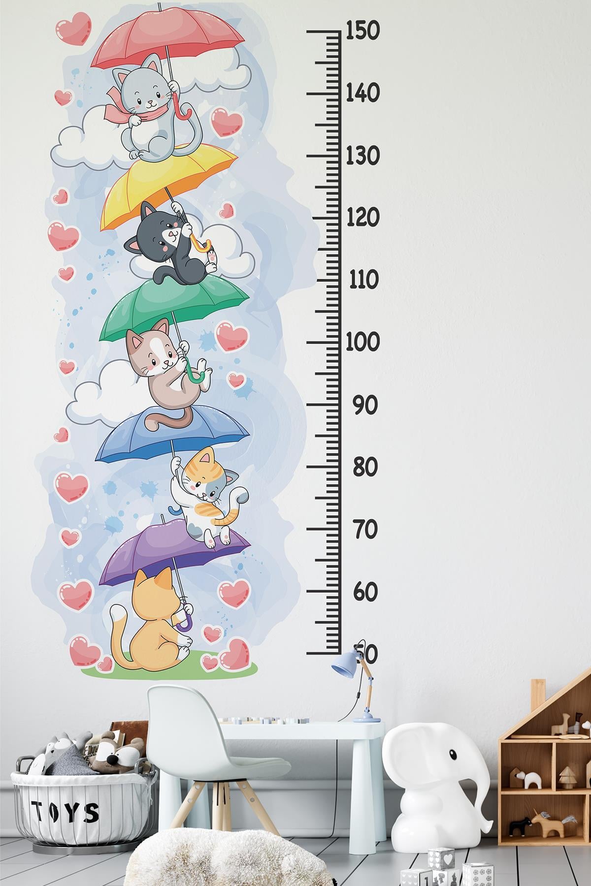 Sevimli Kedilerle Süslü Boy Cetveli Sticker, Çocuk Bebek Odası Boy Ölçer Sticker