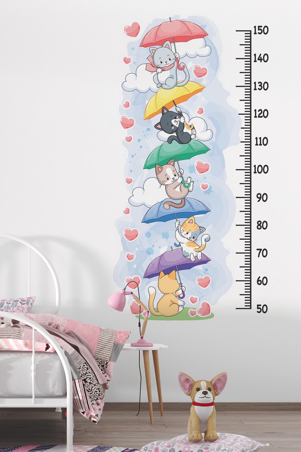 Sevimli Kedilerle Süslü Boy Cetveli Sticker, Çocuk Bebek Odası Boy Ölçer Sticker