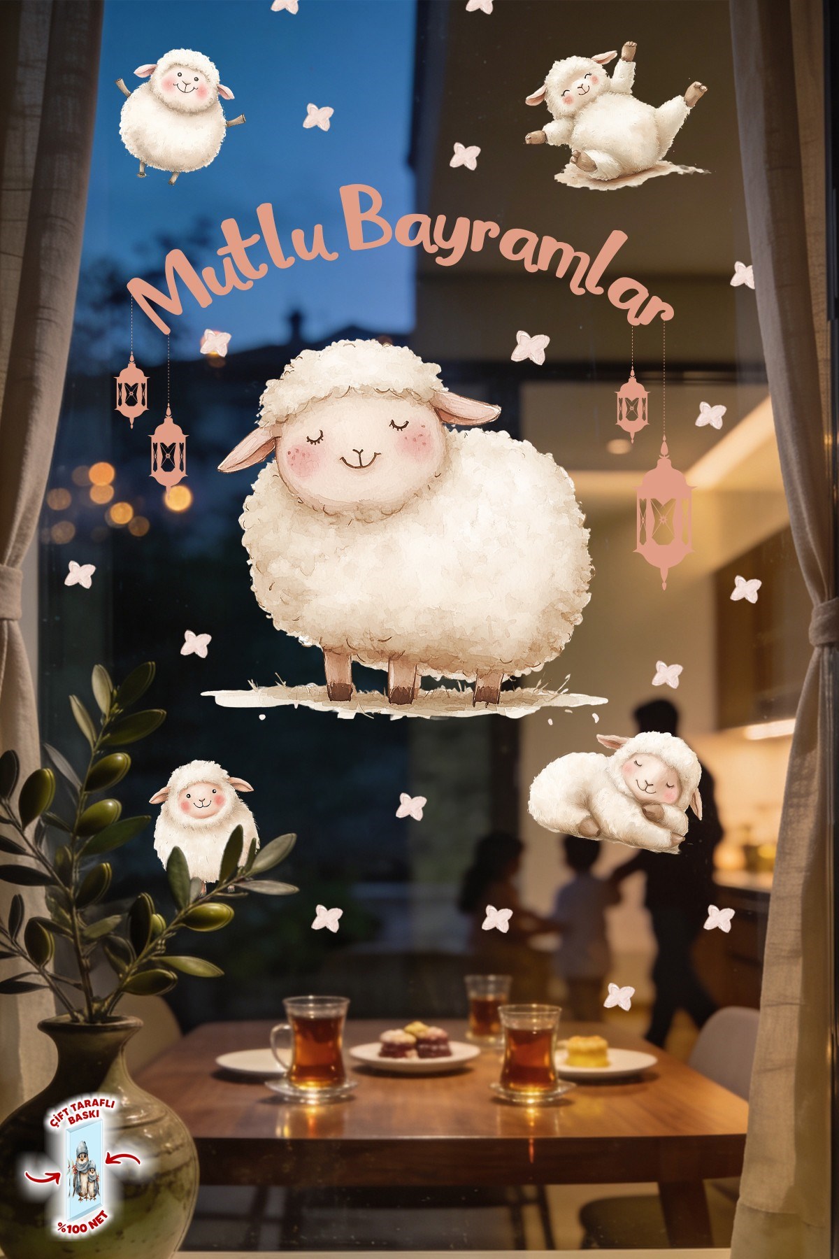 Sevimli Kuzulu Kurban Bayramı Cam Sticker Seti Çift Taraflı 61 Parça Bayram Süsü Premium Sticker