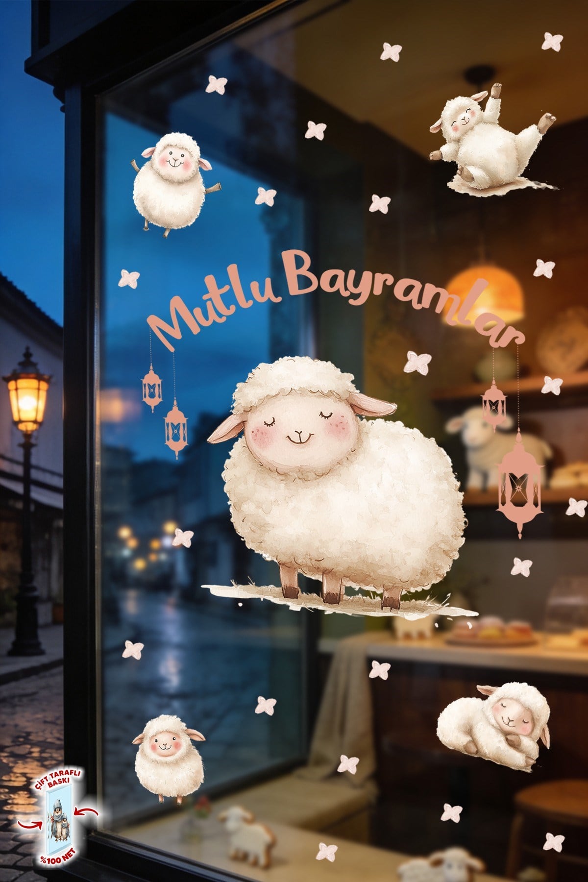 Sevimli Kuzulu Kurban Bayramı Cam Sticker Seti Çift Taraflı 61 Parça Bayram Süsü Premium Sticker