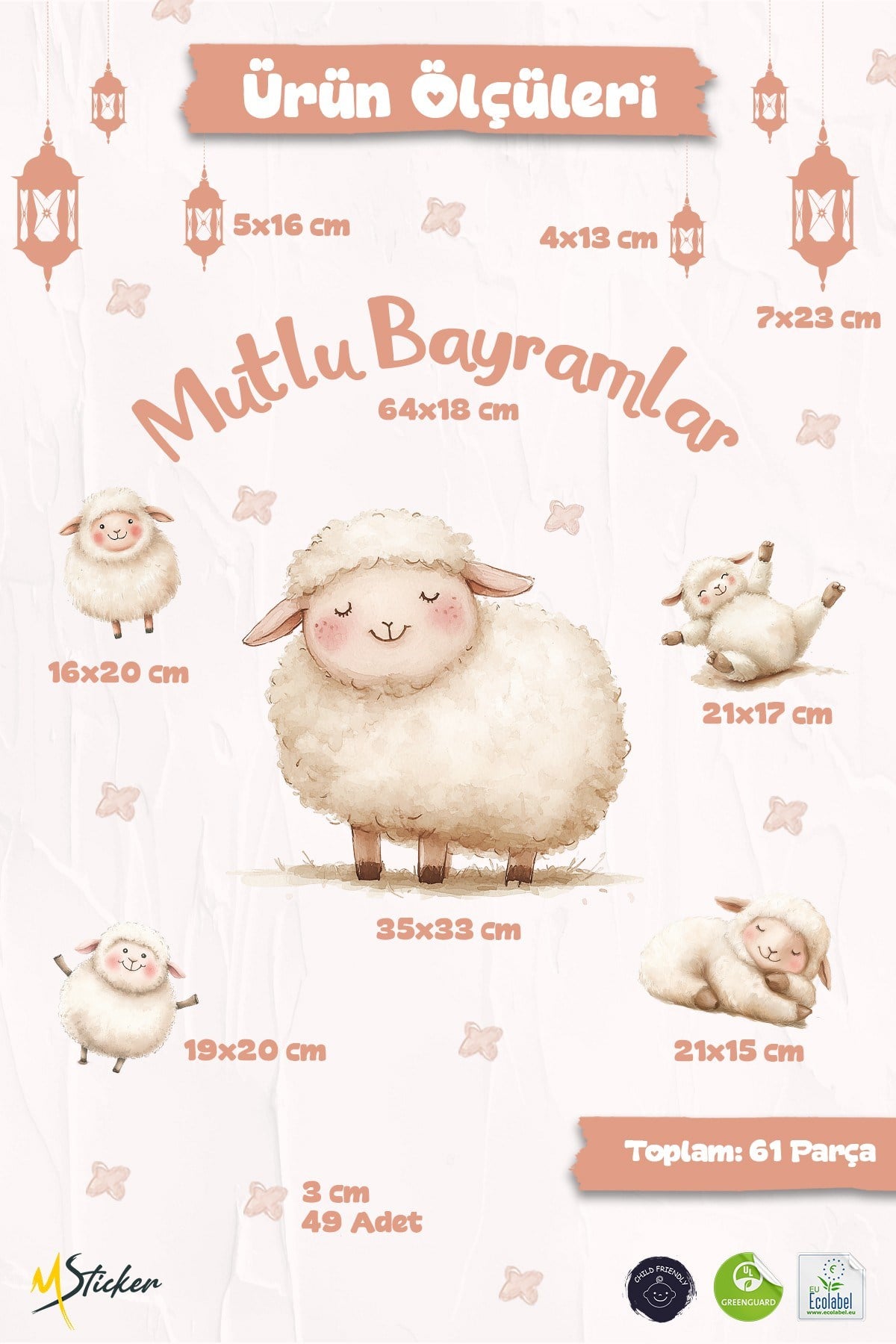 Sevimli Kuzulu Kurban Bayramı Cam Sticker Seti Çift Taraflı 61 Parça Bayram Süsü Premium Sticker