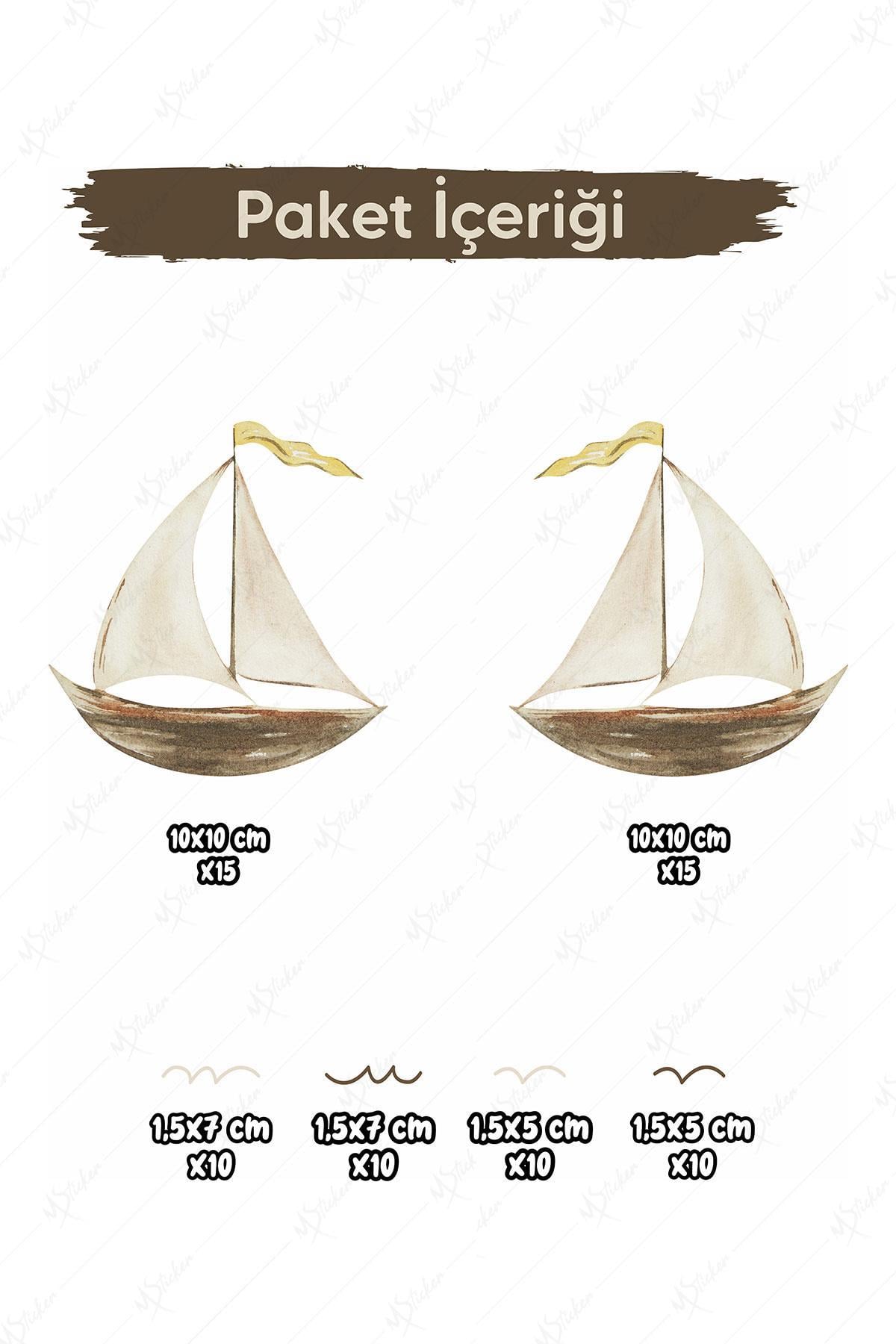 Sevimli Minik Yelkenli Tekne ve Dalgalar Soft Renklerde Çocuk Bebek Odası Dekorasyon Sticker