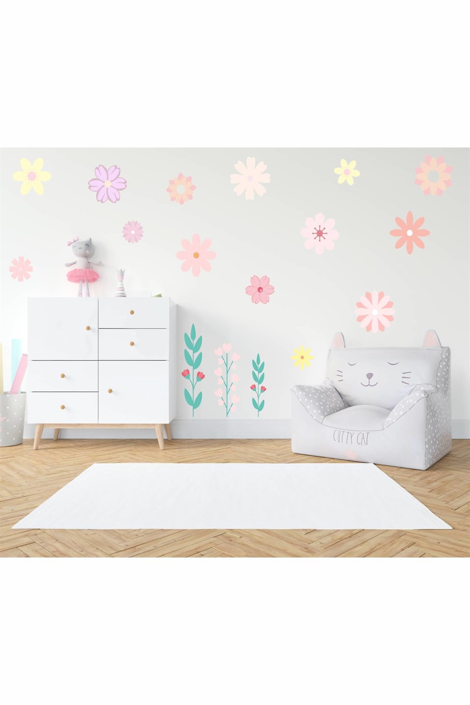 Sevimli Soft, Pastel Çiçekler Çocuk Bebek Odası Duvar Cam Sticker