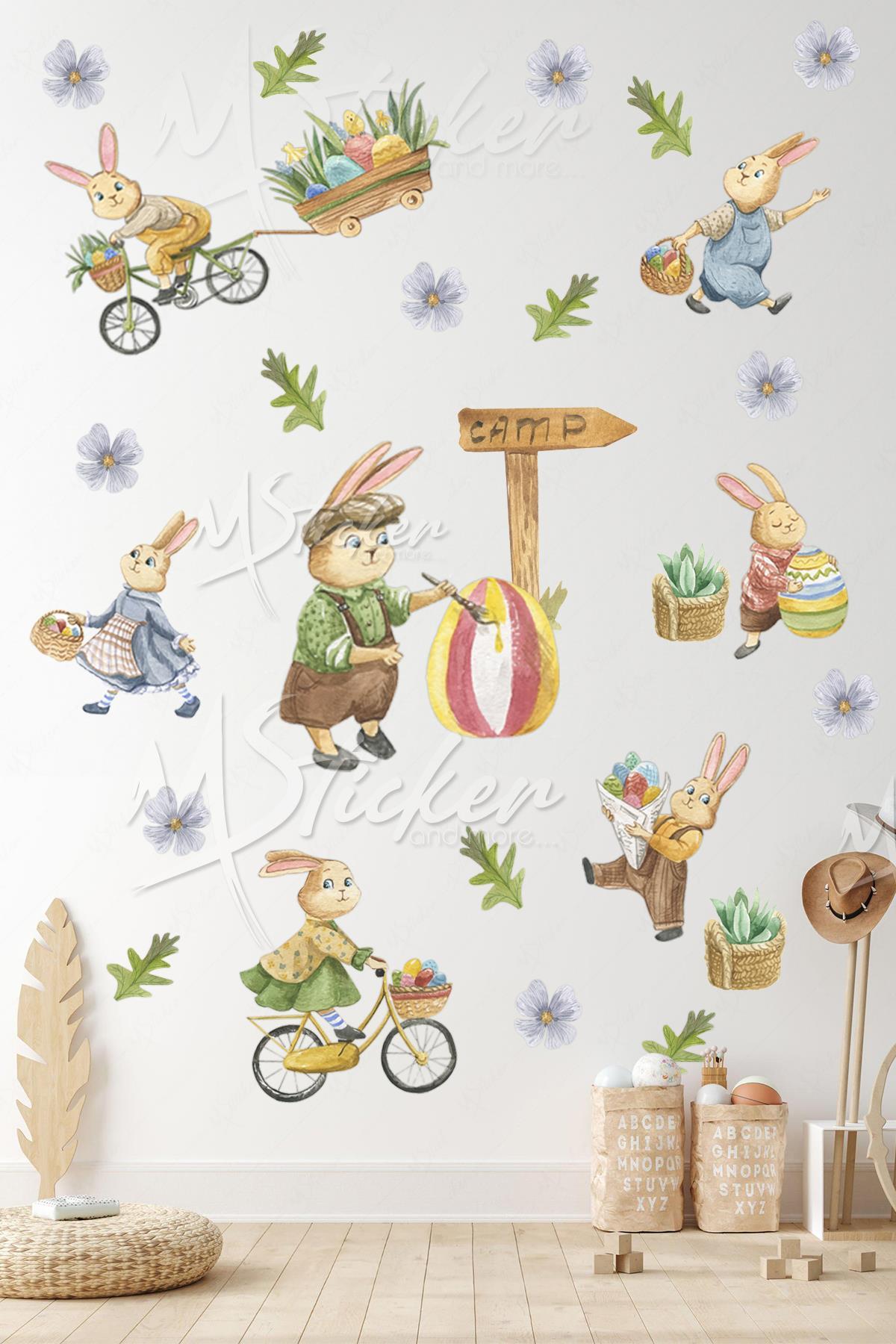 Sevimli Tavşan Ailesi Sticker Seti, Eğlenceli Tavşanlar Ağaçlar ve Çiçekler Çocuk Bebek Odası Stick
