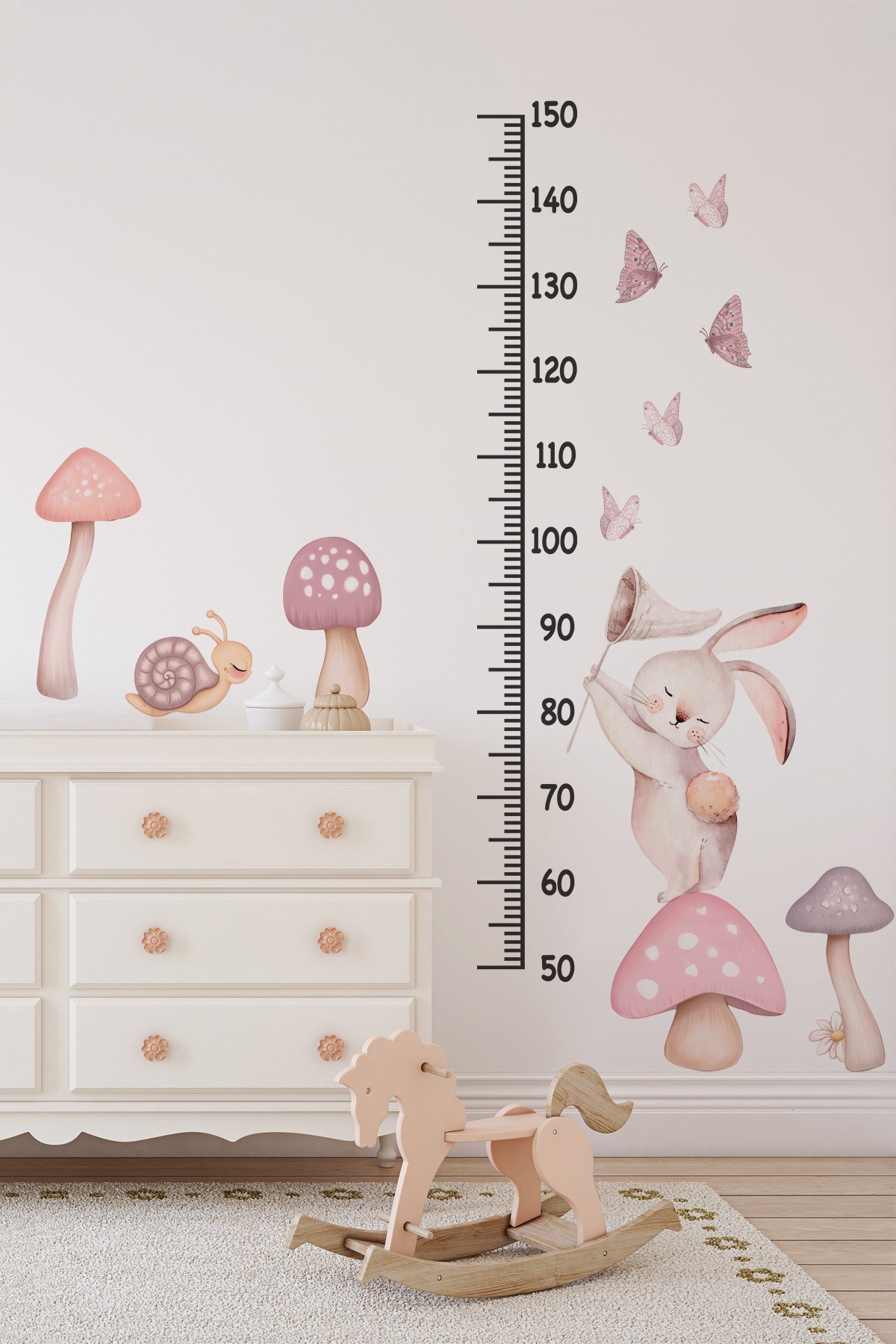 Sevimli Tavşan Boy Ölçer Duvar Sticker Seti 29 Parça | Çocuk Odası Boy Cetveli | Pastel Pembe Tavşan