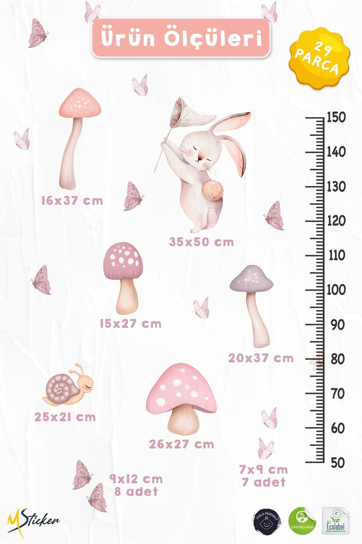 Sevimli Tavşan Boy Ölçer Duvar Sticker Seti 29 Parça | Çocuk Odası Boy Cetveli | Pastel Pembe Tavşan