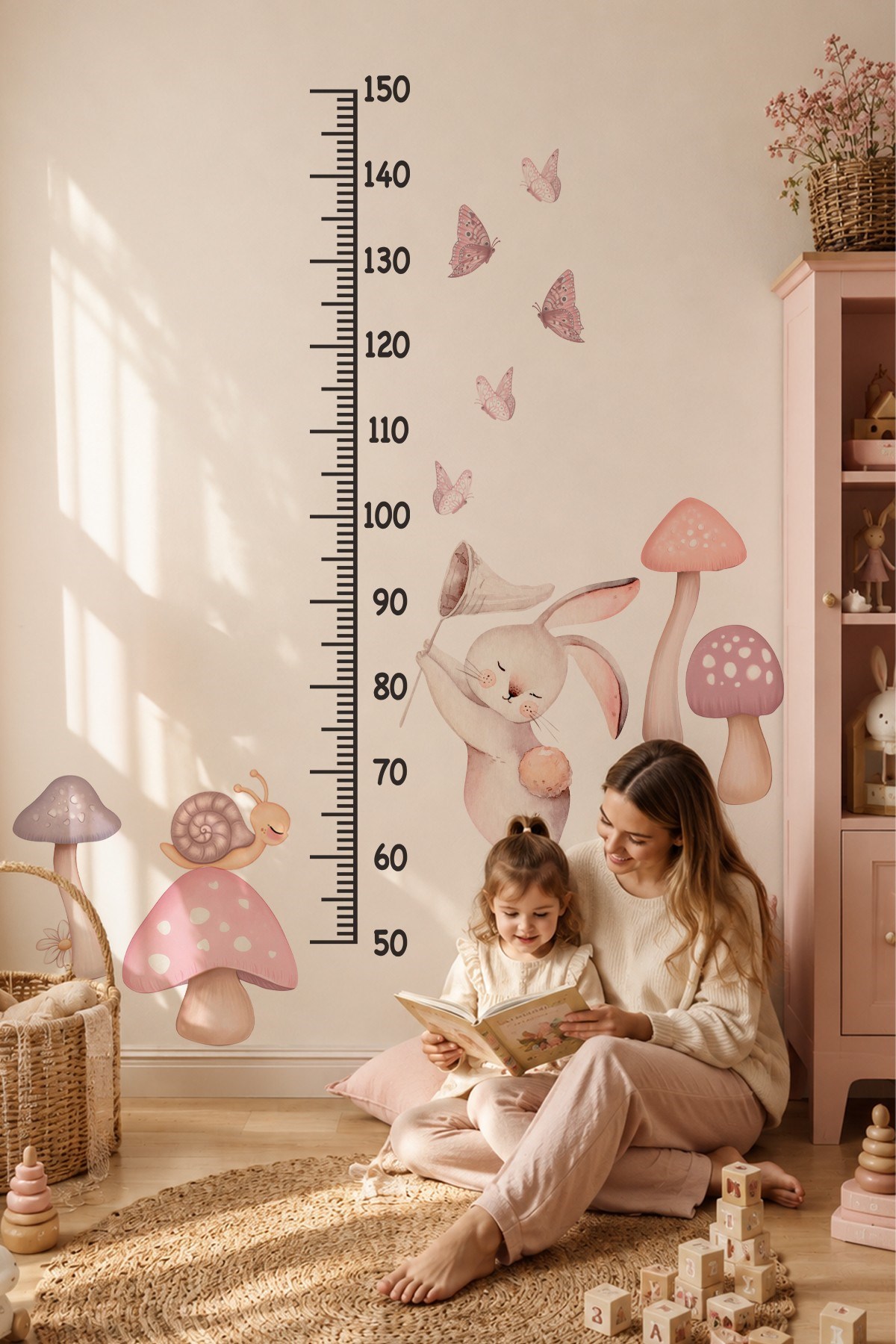 Sevimli Tavşan Boy Ölçer Duvar Sticker Seti 29 Parça | Çocuk Odası Boy Cetveli | Pastel Pembe Tavşan