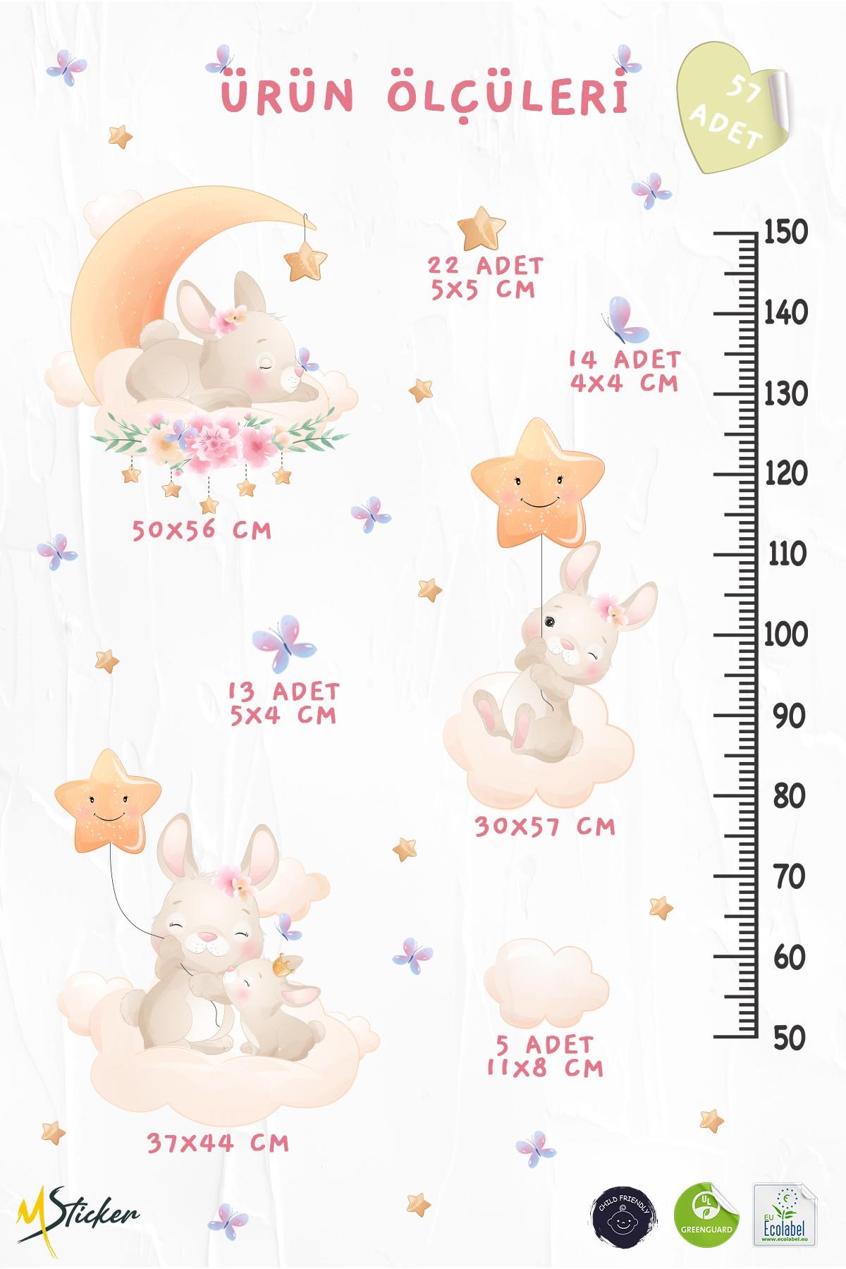 Sevimli Tavşanlar Yıldızlar ve Çiçekler Temalı Temalı Boy Ölçer Boy Cetveli Sticker Seti Çocuk 