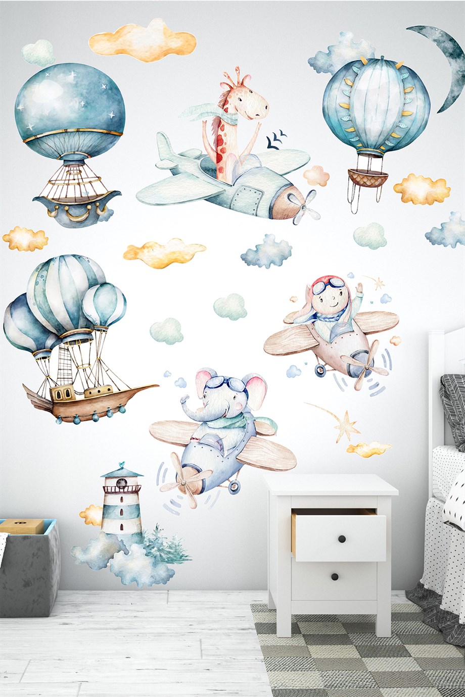 Sevimli Uçan Balonlar Bulutlar Ve Hayvanlar Çocuk Bebek Odası Sticker Seti