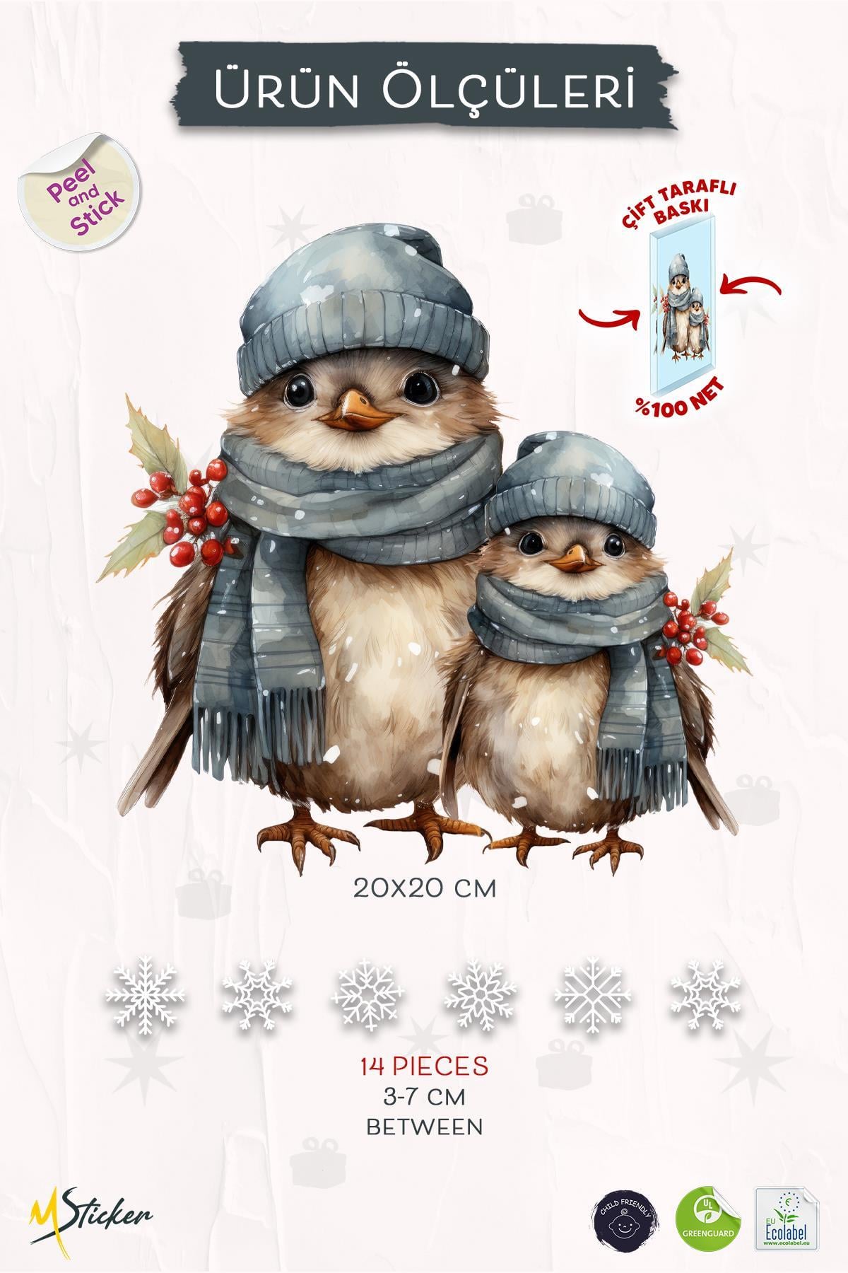 Sevimli Yılbaşı Yeni Yıl Kuşları ve Kar Taneleri Sticker Seti, Çift Taraflı Yılbaşı Cam Sticker Seti