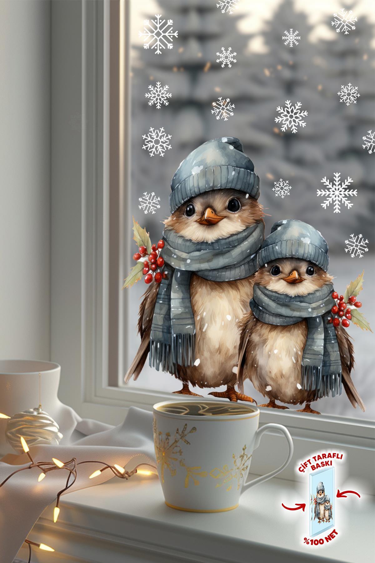 Sevimli Yılbaşı Yeni Yıl Kuşları ve Kar Taneleri Sticker Seti, Çift Taraflı Yılbaşı Cam Sticker Seti