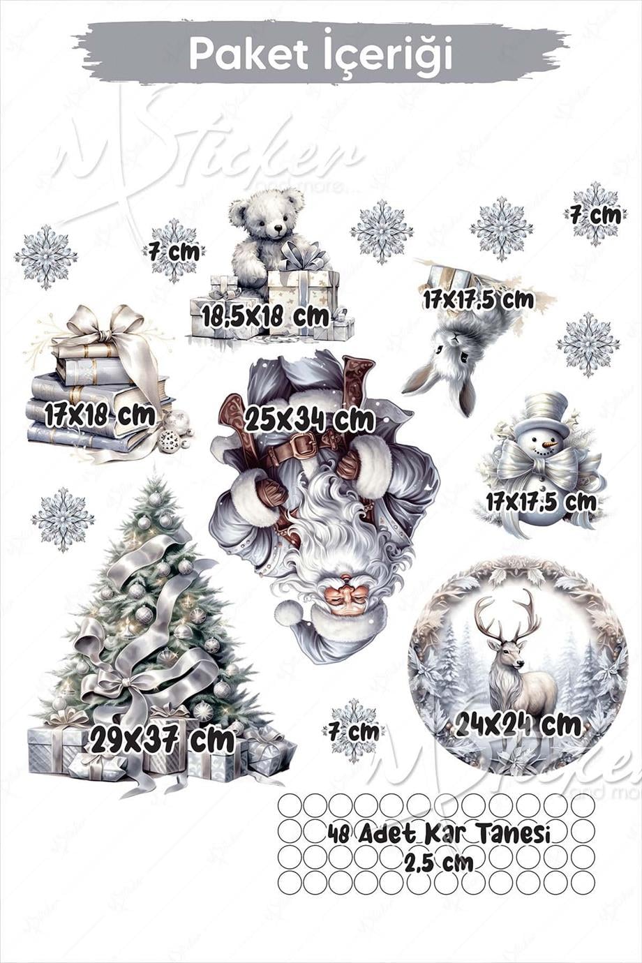 Silver Yılbaşı Seti, Yeni Yıl Yılbaşı Kış Konseptli Yılbaşı Süsü Sticker Seti Noel Baba Ağaçlar