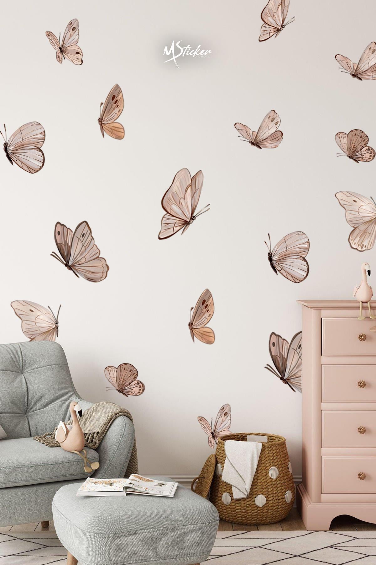 Soft Kahve Tonlarda Kelebekler Çocuk Bebek Odası Salon Duvar Cam Dolap Sticker Seti
