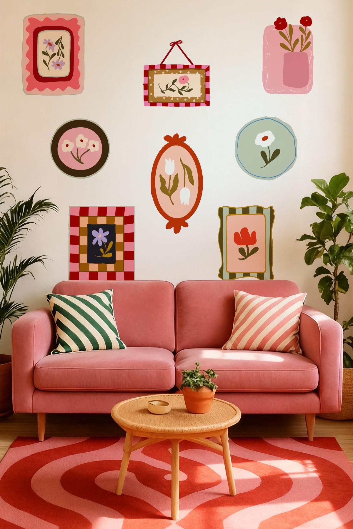 Soft Renkler Pastoral Çerçeve Duvar Sticker Seti – 10 Parça Pastel Bahar Temalı Dekoratif Stickerlar