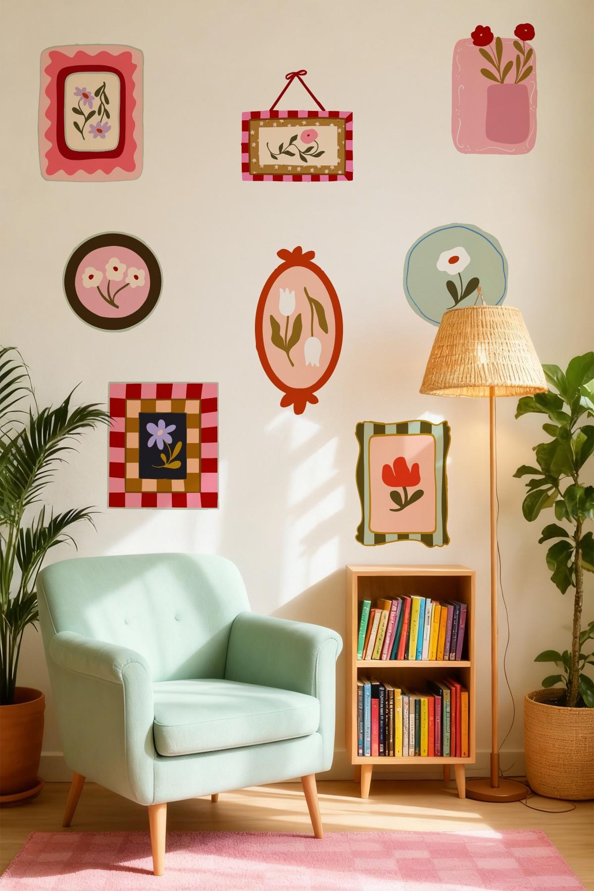 Soft Renkler Pastoral Çerçeve Duvar Sticker Seti – 10 Parça Pastel Bahar Temalı Dekoratif Stickerlar