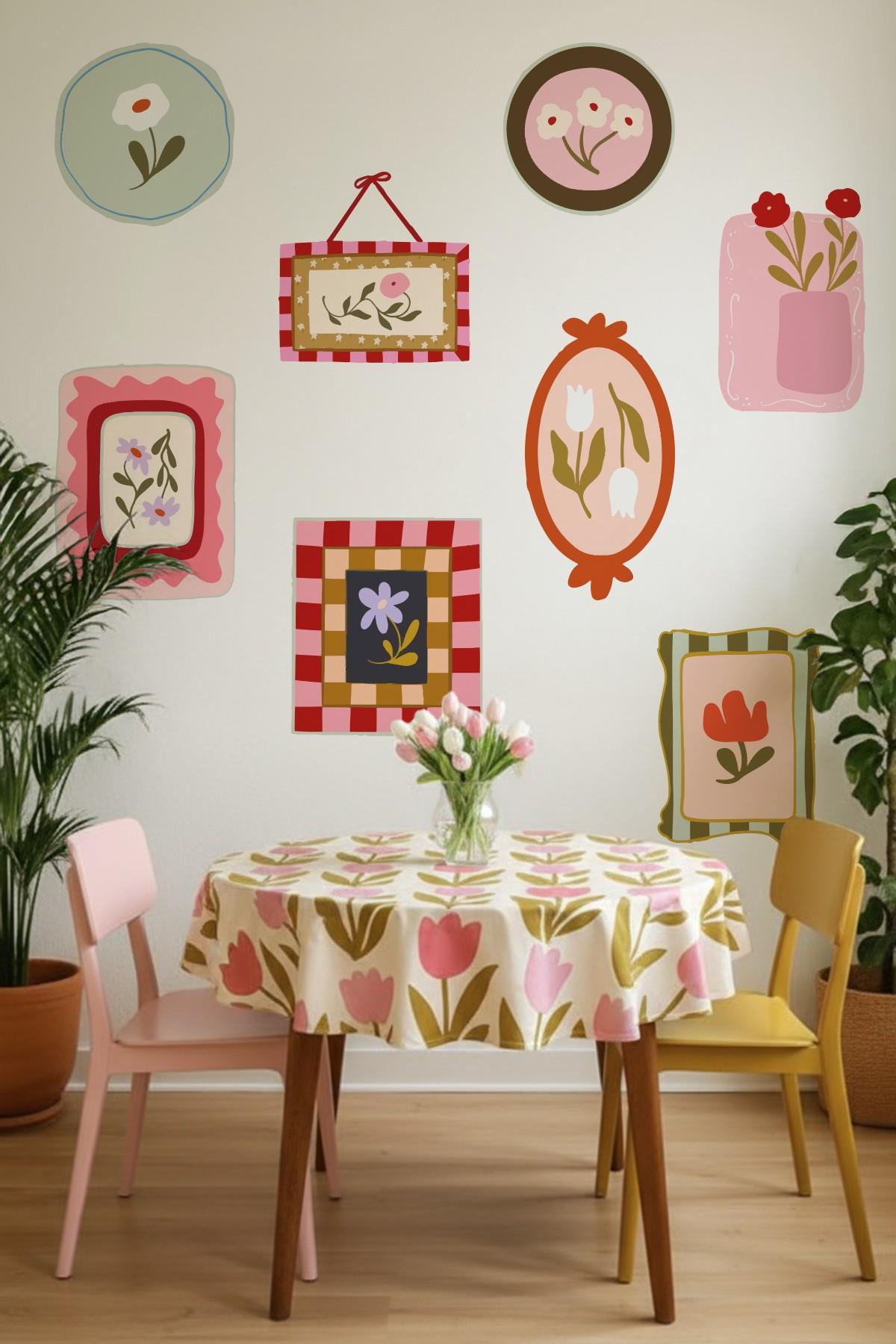 Soft Renkler Pastoral Çerçeve Duvar Sticker Seti – 10 Parça Pastel Bahar Temalı Dekoratif Stickerlar
