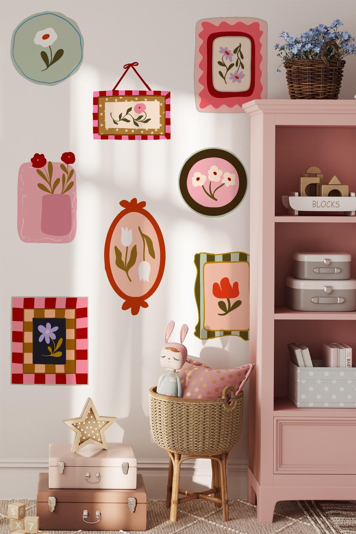 Soft Renkler Pastoral Çerçeve Duvar Sticker Seti – 10 Parça Pastel Bahar Temalı Dekoratif Stickerlar