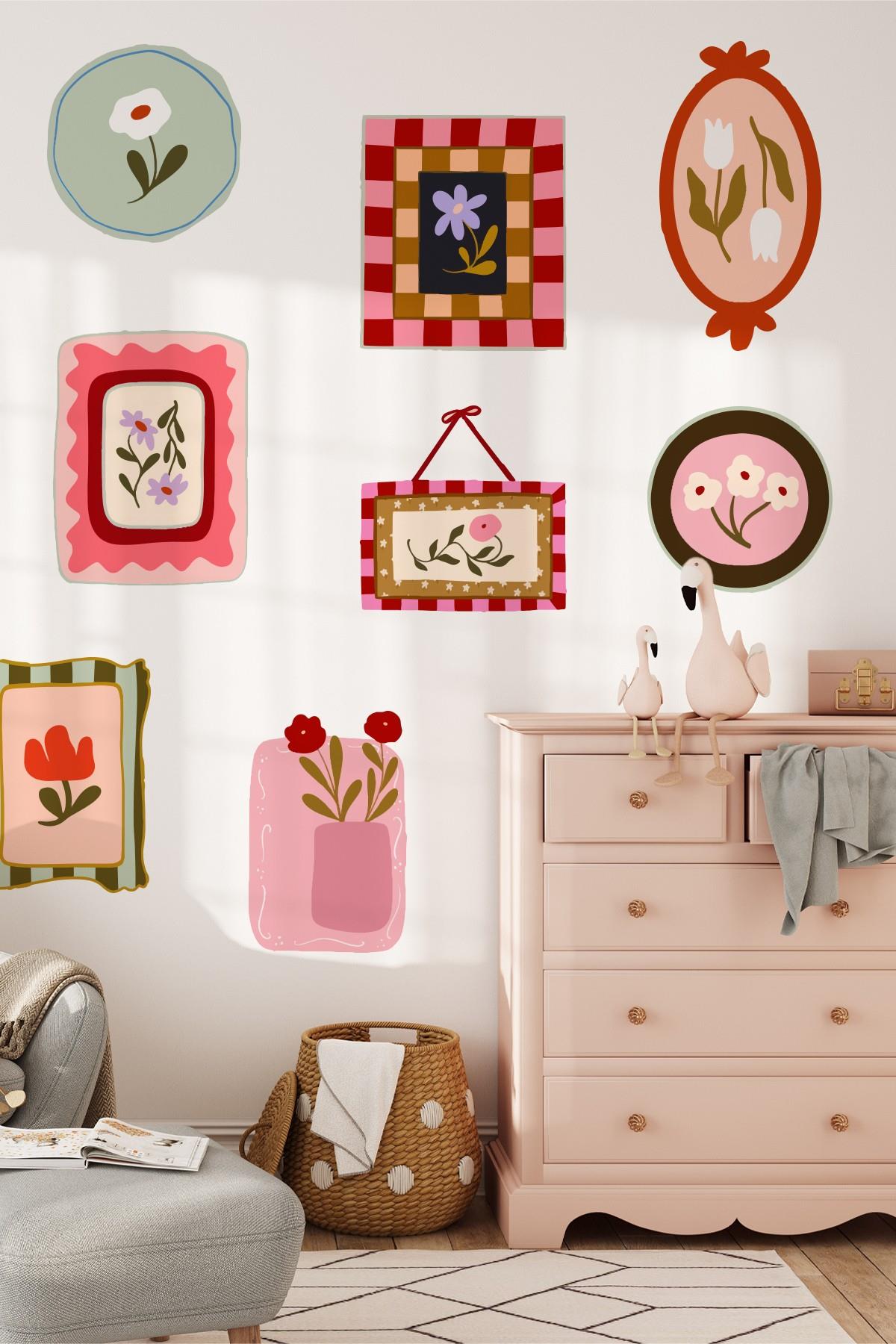 Soft Renkler Pastoral Çerçeve Duvar Sticker Seti – 10 Parça Pastel Bahar Temalı Dekoratif Stickerlar