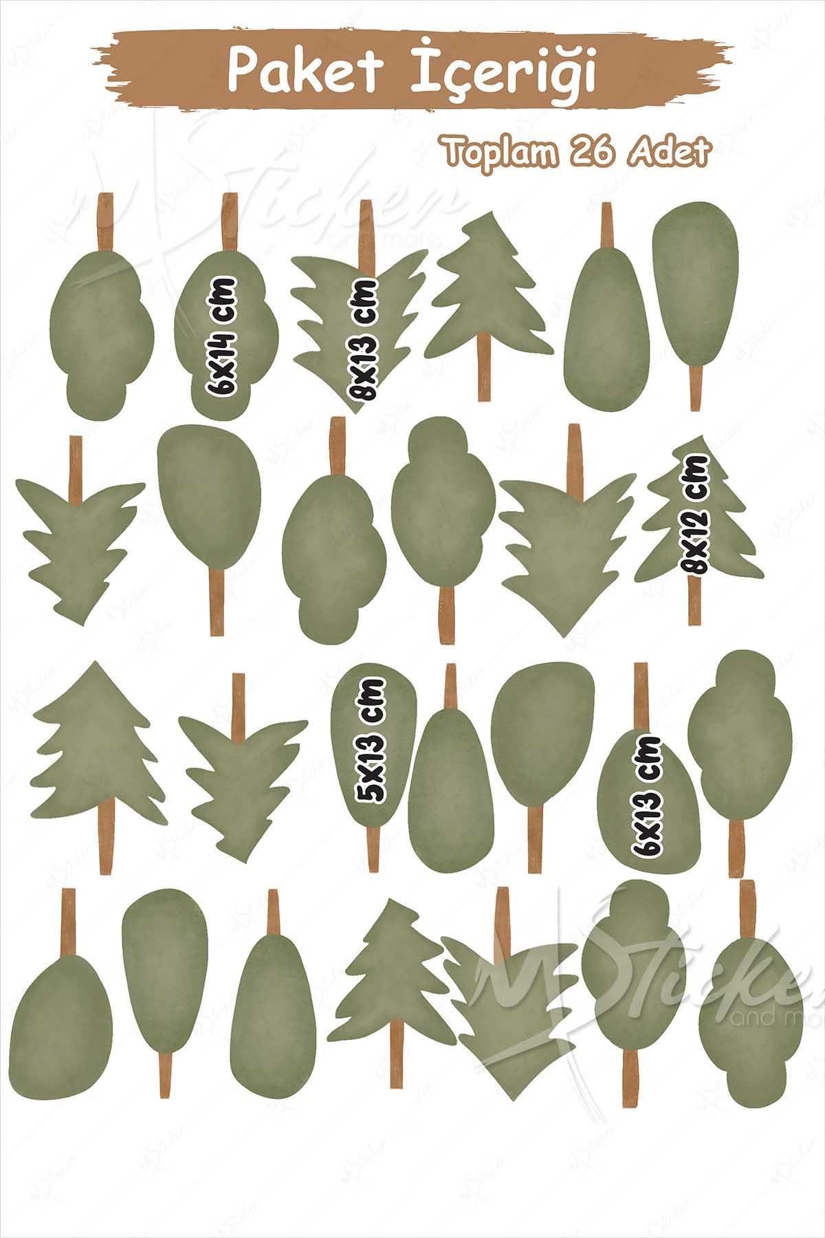 Soft Renklerde Sevimli Ağaçlar Çocuk Bebek Odası Cam Duvar Sticker Seti , Özel Çizim Ağaçlar Sticker
