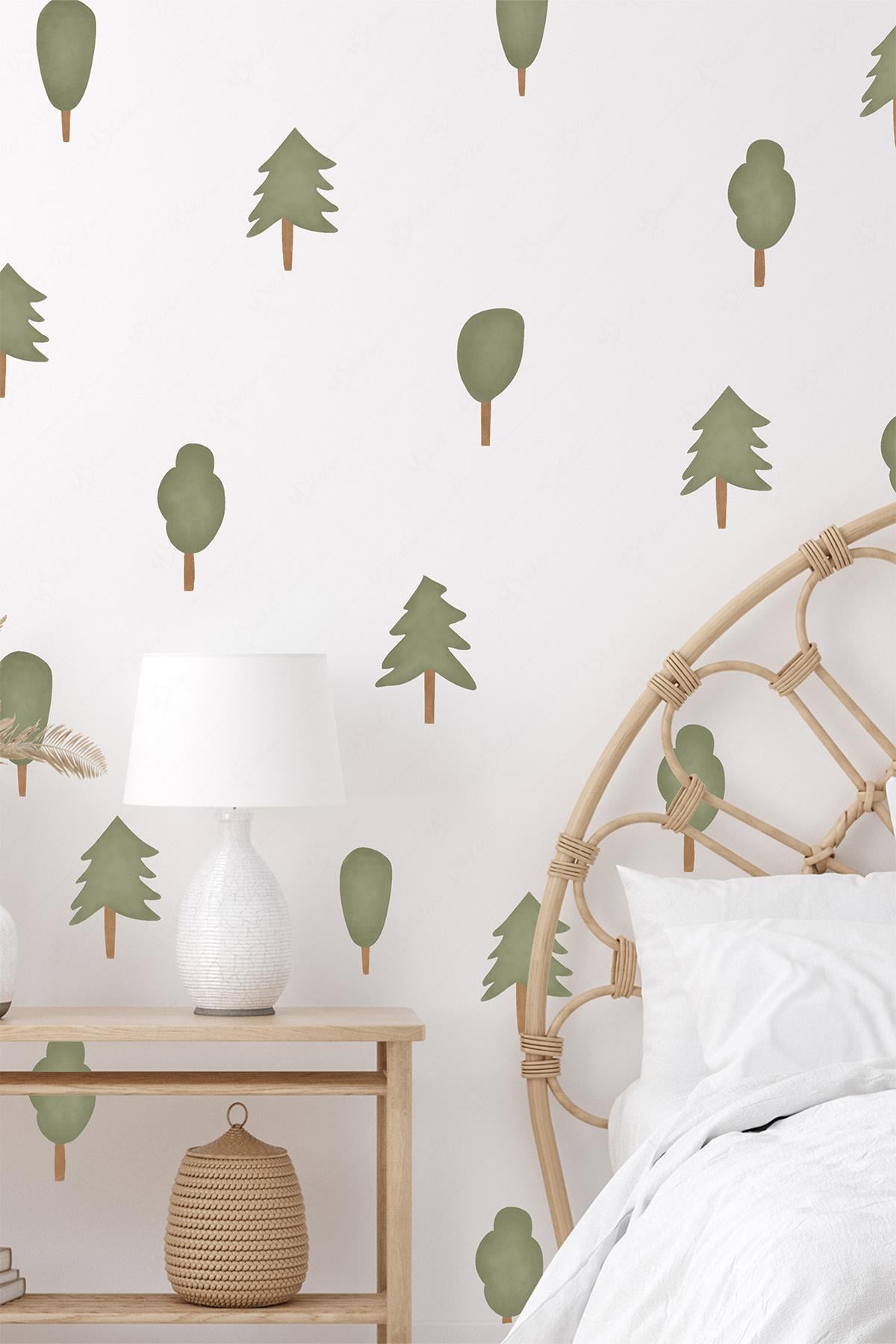 Soft Renklerde Sevimli Ağaçlar Çocuk Bebek Odası Cam Duvar Sticker Seti , Özel Çizim Ağaçlar Sticker
