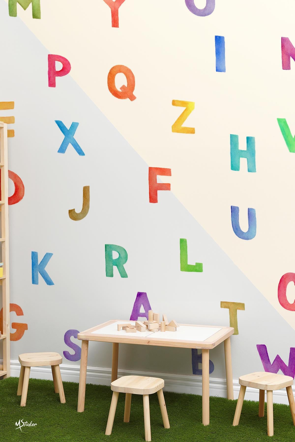 Suluboya Desenli İngilizce Alfabe Harfleri Okul Kreş Anaokulu Çocuk Odası Duvar Cam Sticker Seti