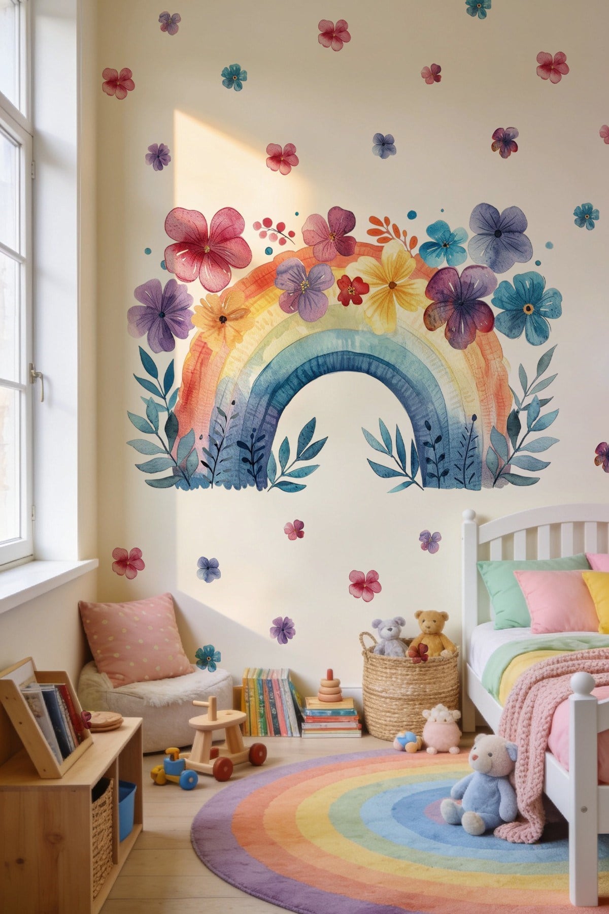 Suluboya Gökkuşağı Çiçekli Duvar Stickerı | 70 Parça Büyük Boy Çocuk Bebek Odası Duvar Süsü | Rainbow
