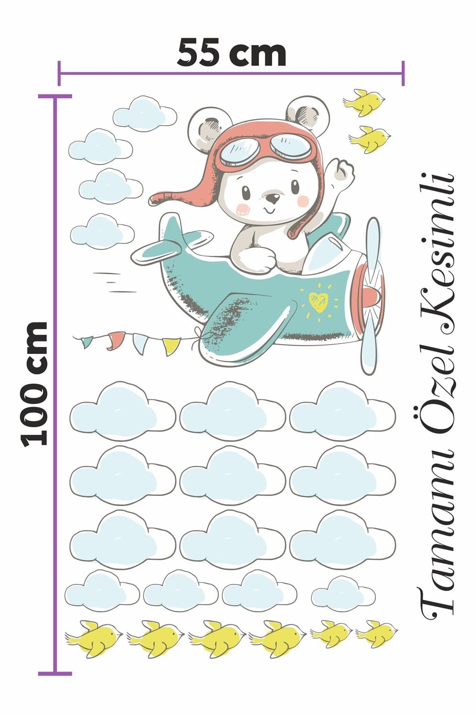 Uçakta Uçan Ayıcık Soft Renklerde Çocuk Odası Sticker