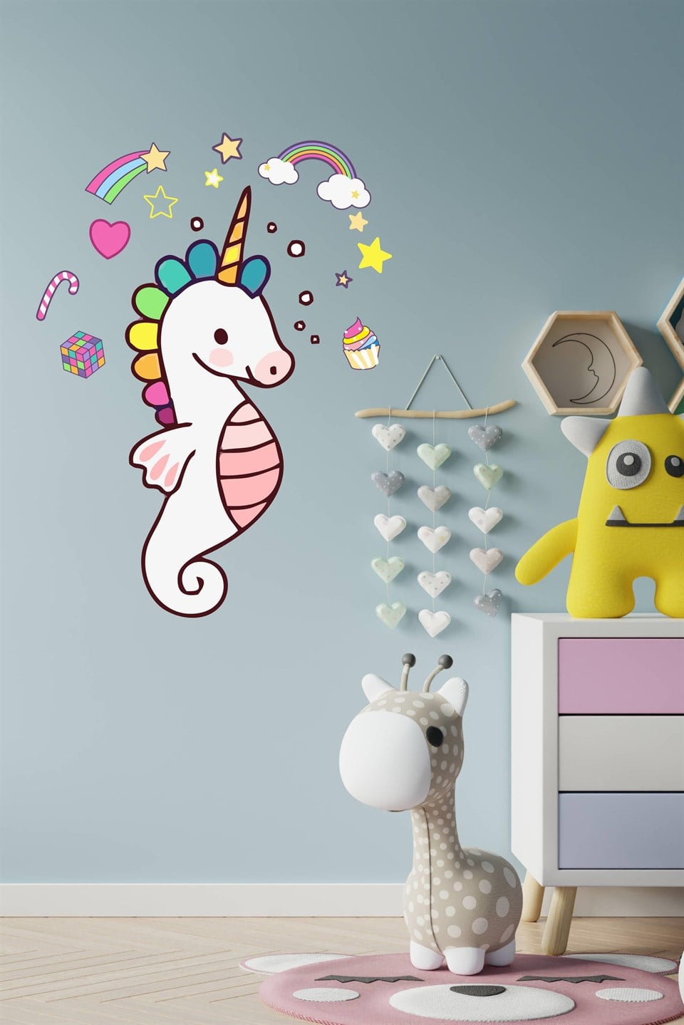 Unicorn-Deniz atı ve Sevimli Figürler Çocuk Bebek Odası Duvar Dek