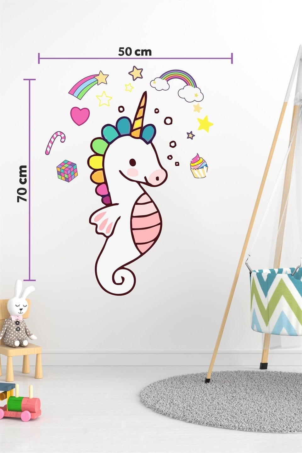 Unicorn-Deniz atı ve Sevimli Figürler Çocuk Bebek Odası Duvar Dek