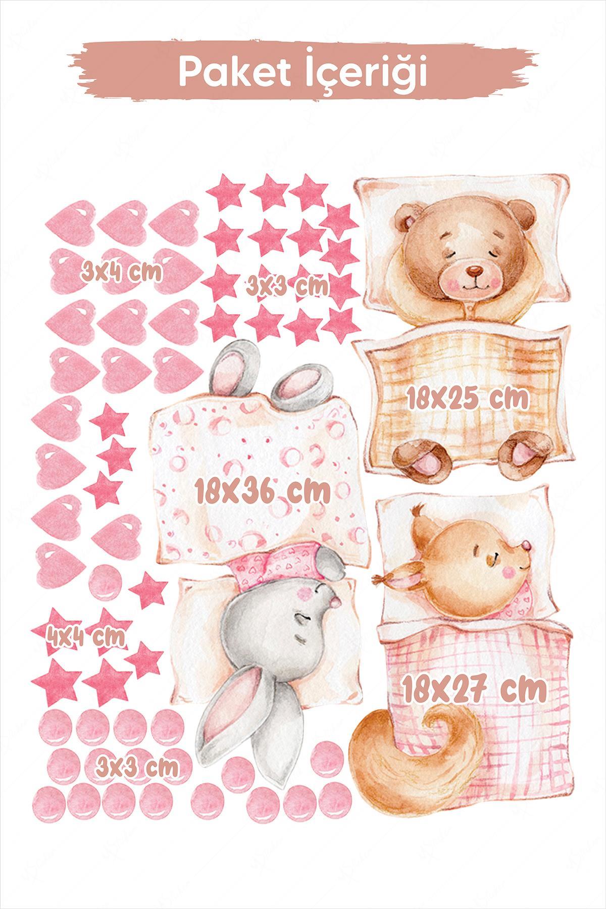 Uyuyan Sevimli Hayvanlar Kalpler ve Puantiyeler Çocuk Bebek Odası Sticker Seti