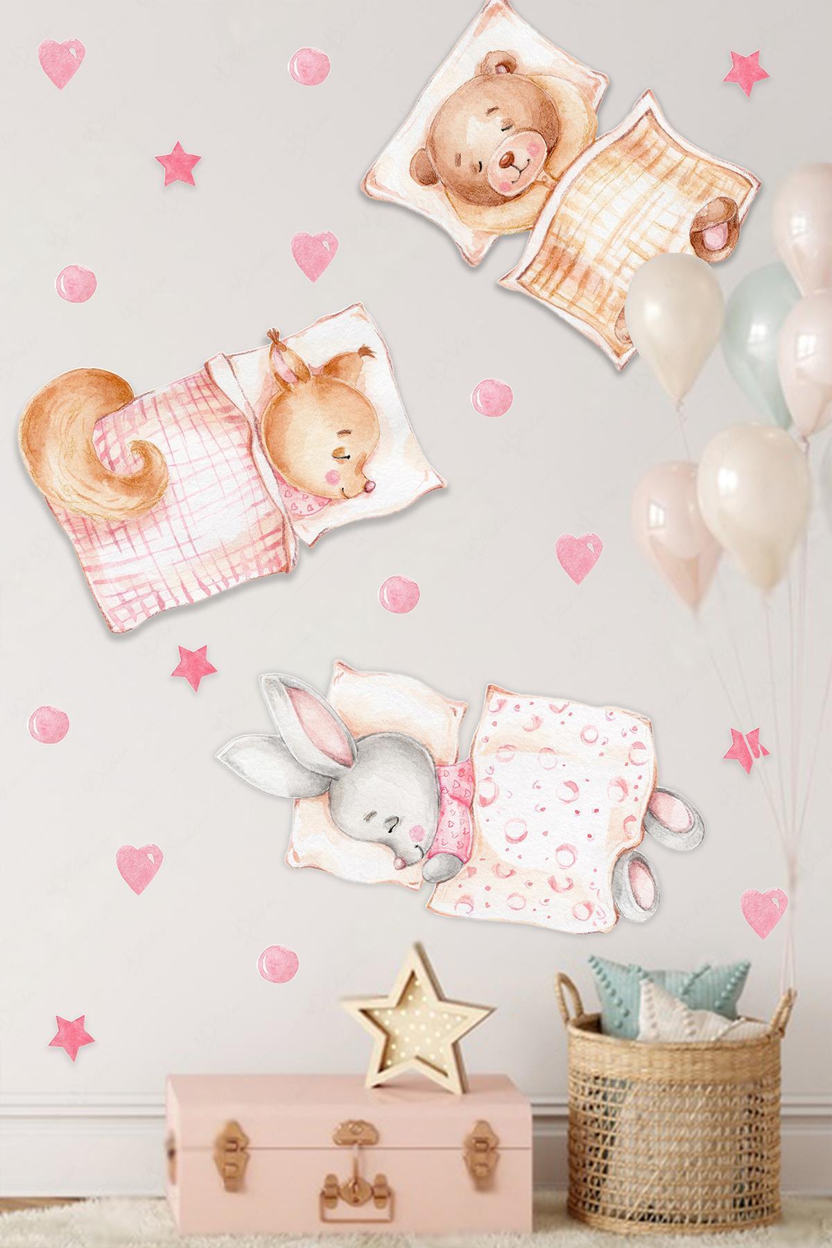 Uyuyan Sevimli Hayvanlar Kalpler ve Puantiyeler Çocuk Bebek Odası Sticker Seti