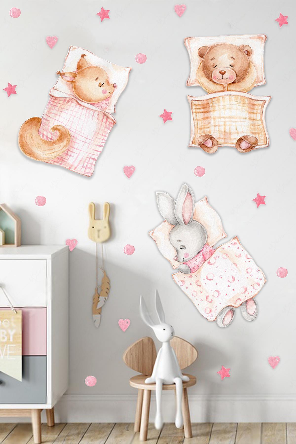 Uyuyan Sevimli Hayvanlar Kalpler ve Puantiyeler Çocuk Bebek Odası Sticker Seti