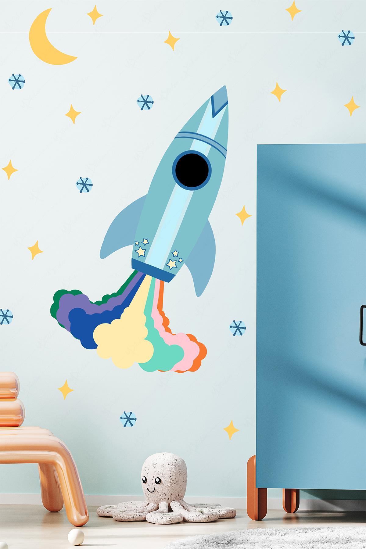 Uzay Mekiği Yıldızlar ve Figürler Çocuk Bebek Odası Duvar Sticker Seti