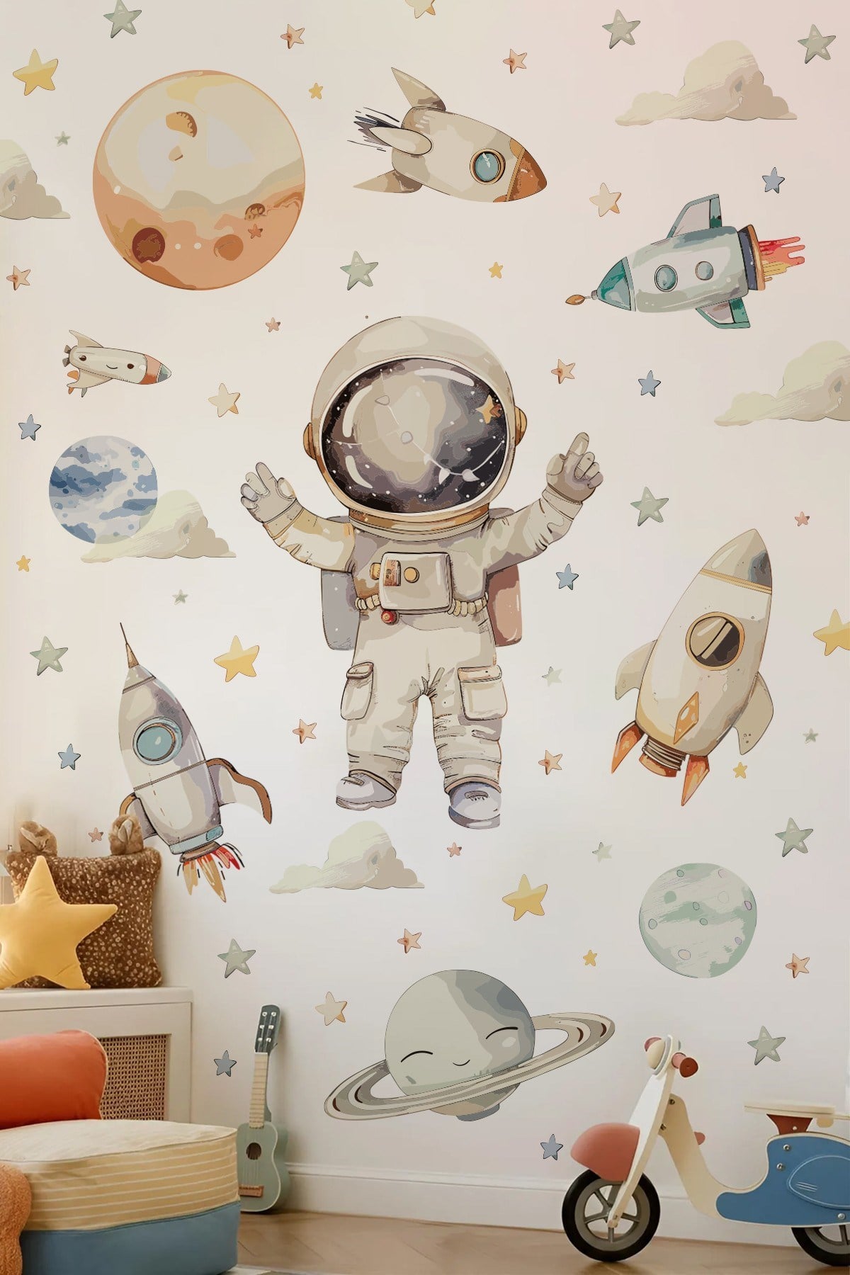 Uzay Temalı Duvar Sticker Seti 165 Parça – Astronot, Roket, Gezegen Çocuk Odası Duvar | Büyük Boy