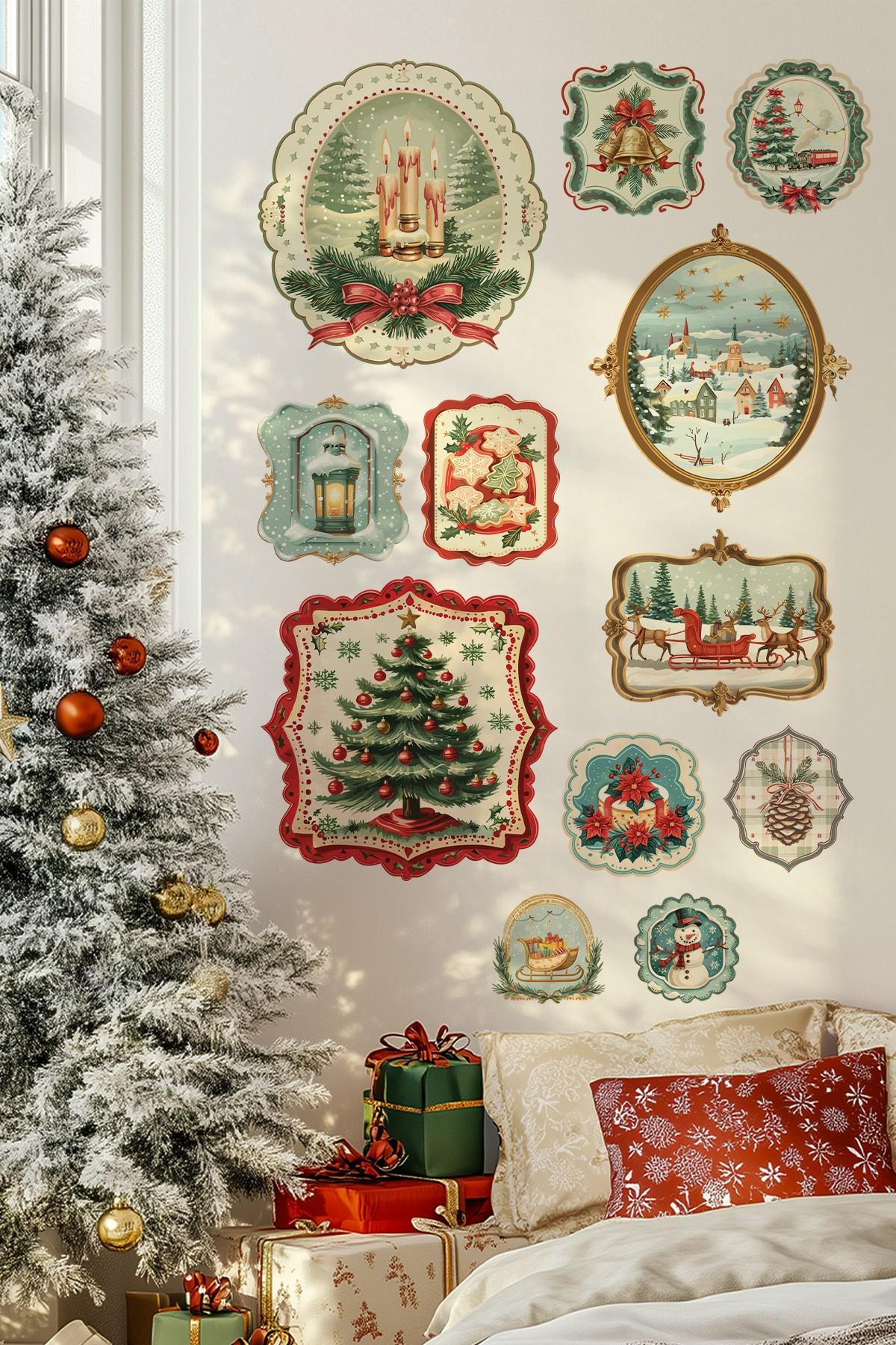 Vintage Noel Temalı Duvar Sticker Seti | 11 Parça Retro Christmas Dekor Seti | Dekoratif Sticker