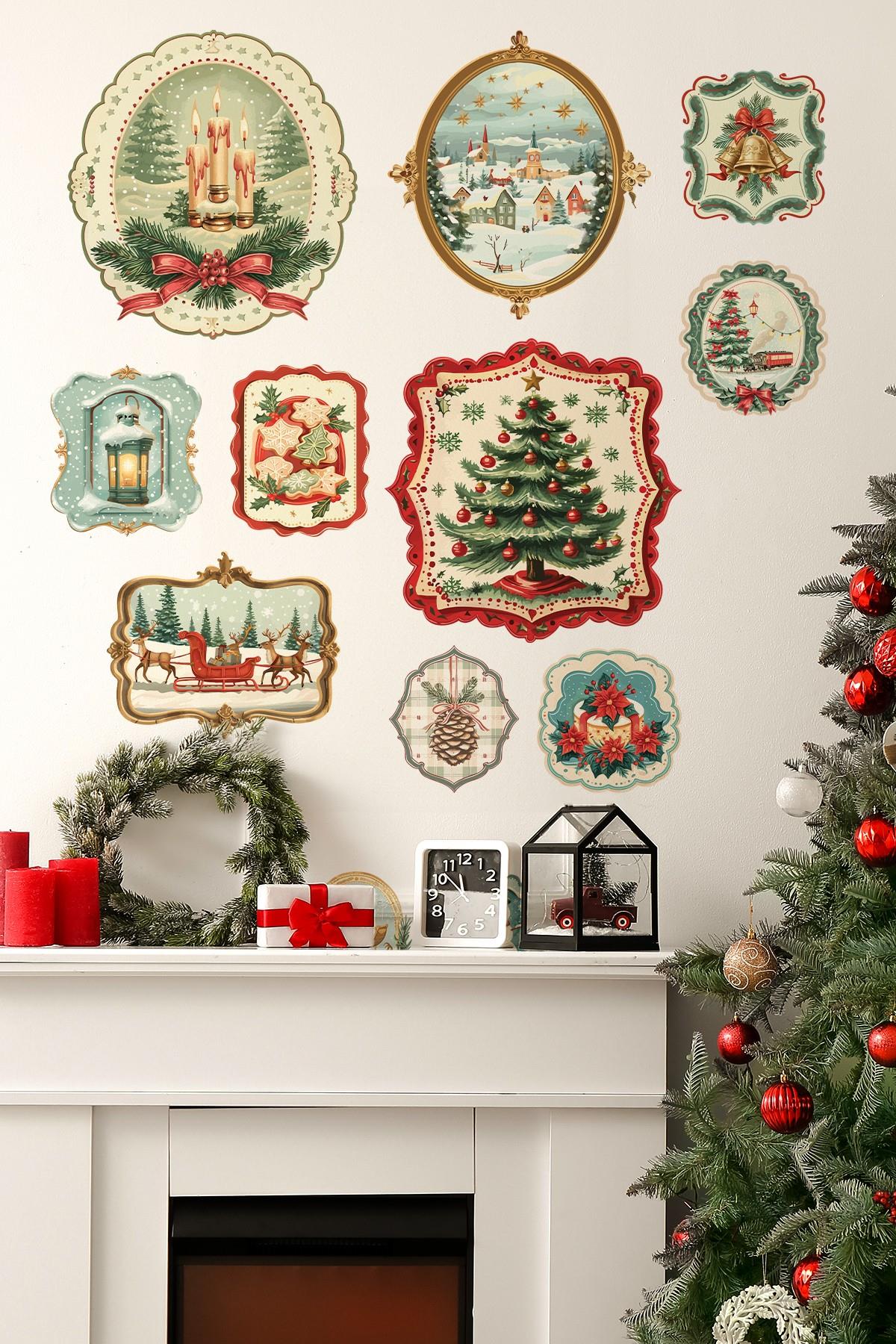 Vintage Noel Temalı Duvar Sticker Seti | 11 Parça Retro Christmas Dekor Seti | Dekoratif Sticker