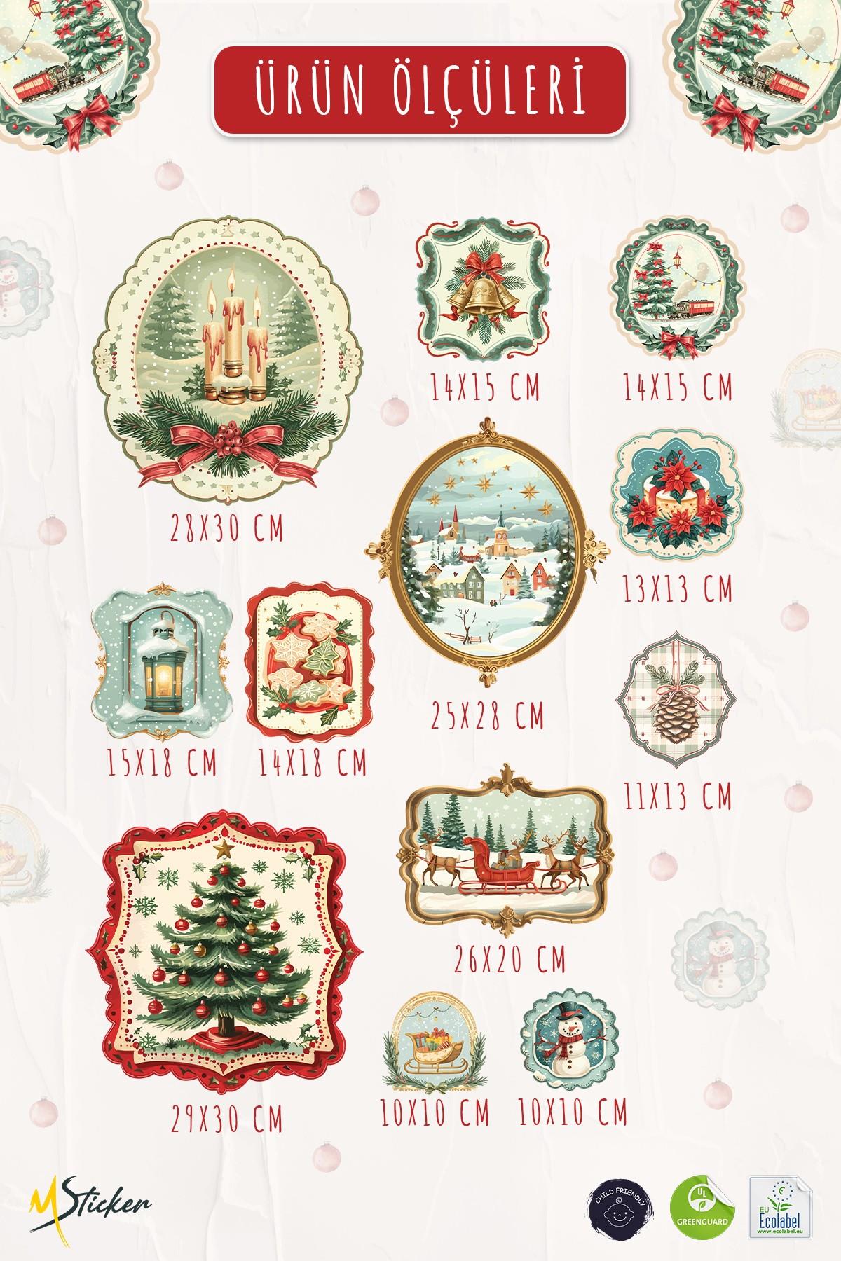 Vintage Noel Temalı Duvar Sticker Seti | 11 Parça Retro Christmas Dekor Seti | Dekoratif Sticker