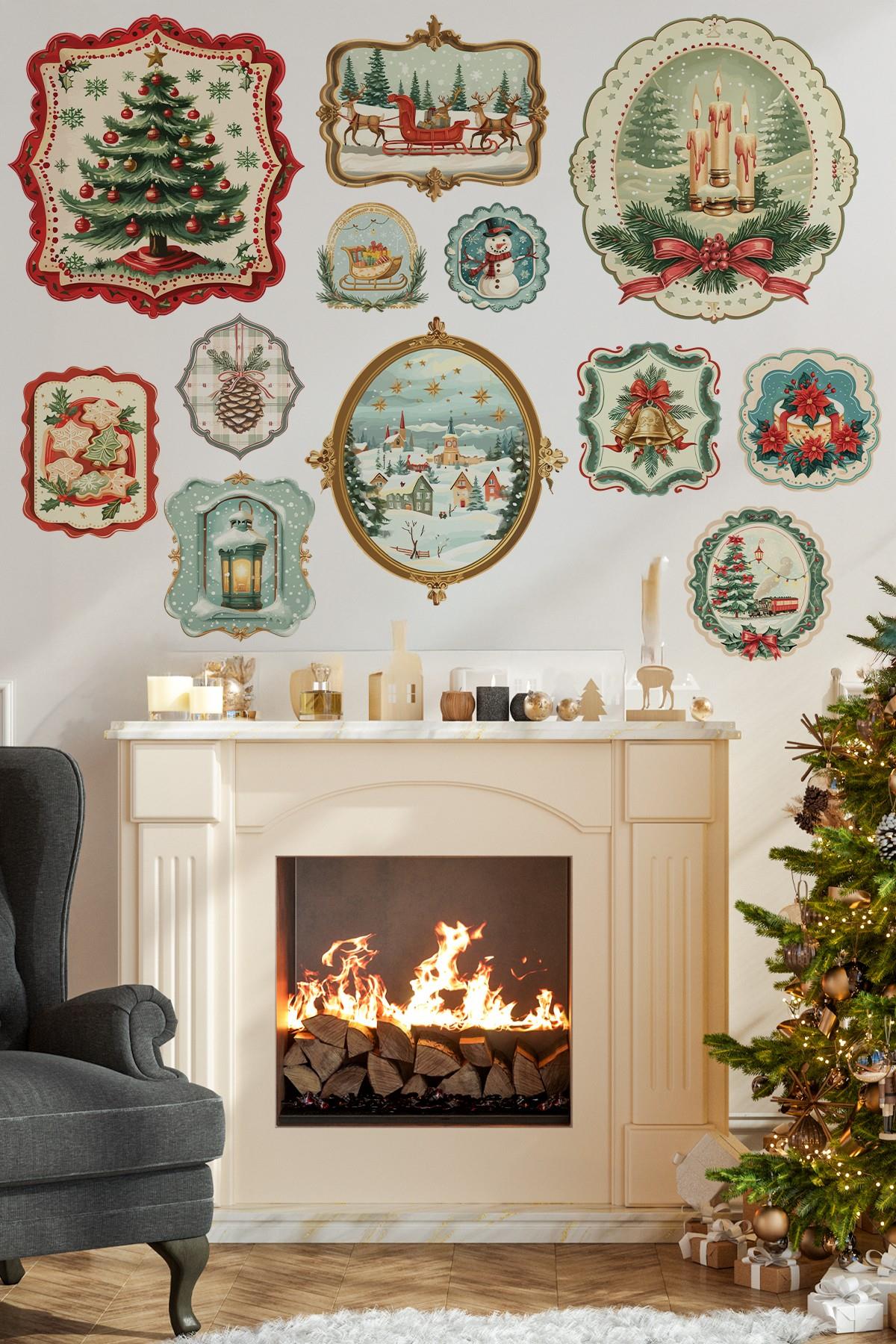 Vintage Noel Temalı Duvar Sticker Seti | 11 Parça Retro Christmas Dekor Seti | Dekoratif Sticker