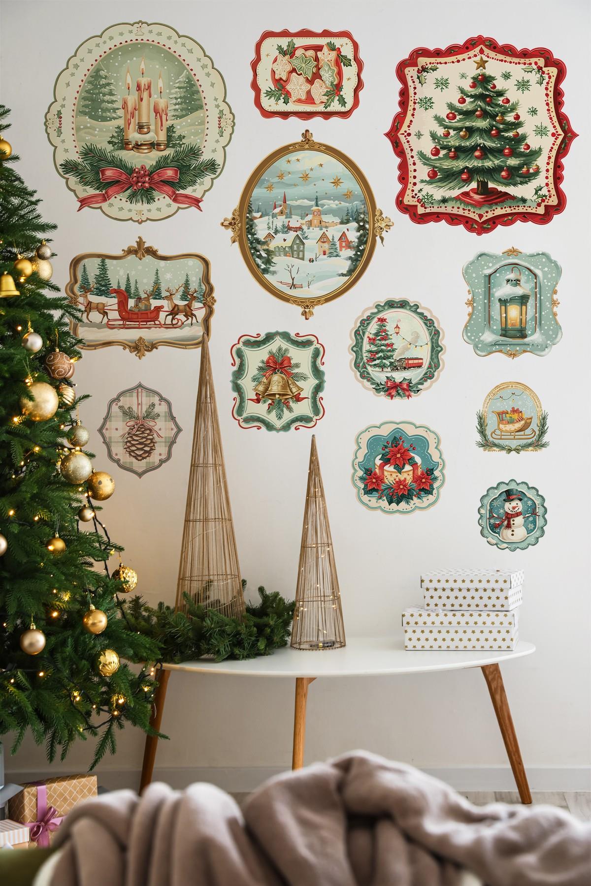 Vintage Noel Temalı Duvar Sticker Seti | 11 Parça Retro Christmas Dekor Seti | Dekoratif Sticker