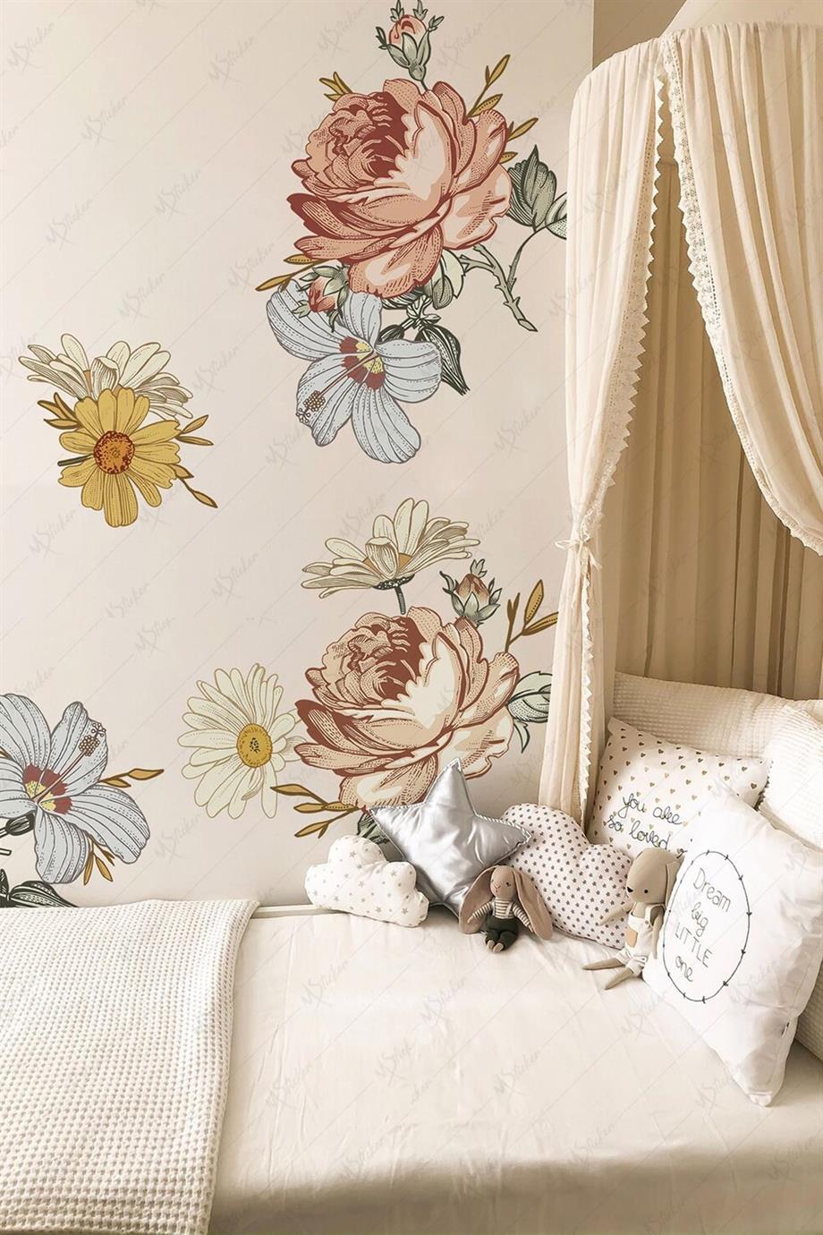 Vintage Soft Kahve Tonlarında Çiçekler Çocuk Odası Sticker Seti