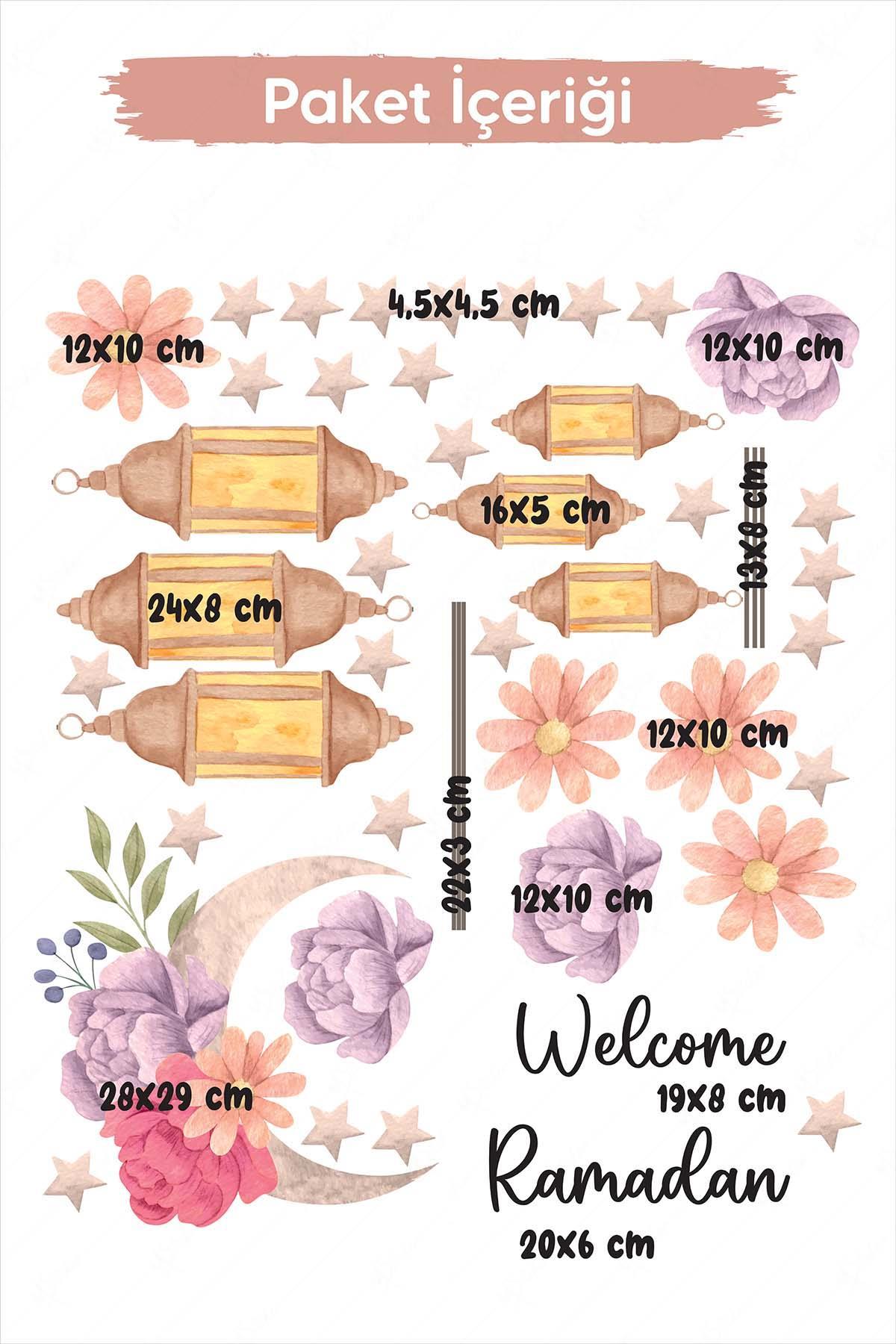 Welcome Ramadan Çiçekler Soft Renkli Fenerler Cam Duvar Sticker Seti Ramazan Süsü