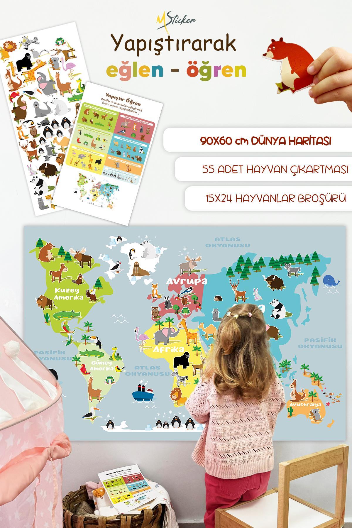 Yapıştır ve Öğren Eğitici ve Öğretici Dünya Haritası Çocuk Odası Duvar Sticker, 56 Parça
