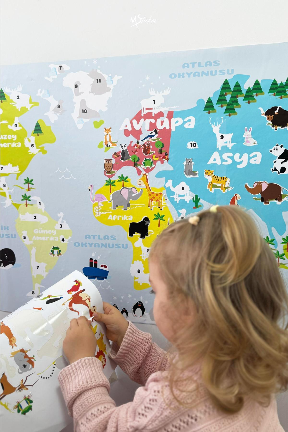 Yapıştır ve Öğren Eğitici ve Öğretici Dünya Haritası Çocuk Odası Duvar Sticker, 56 Parça
