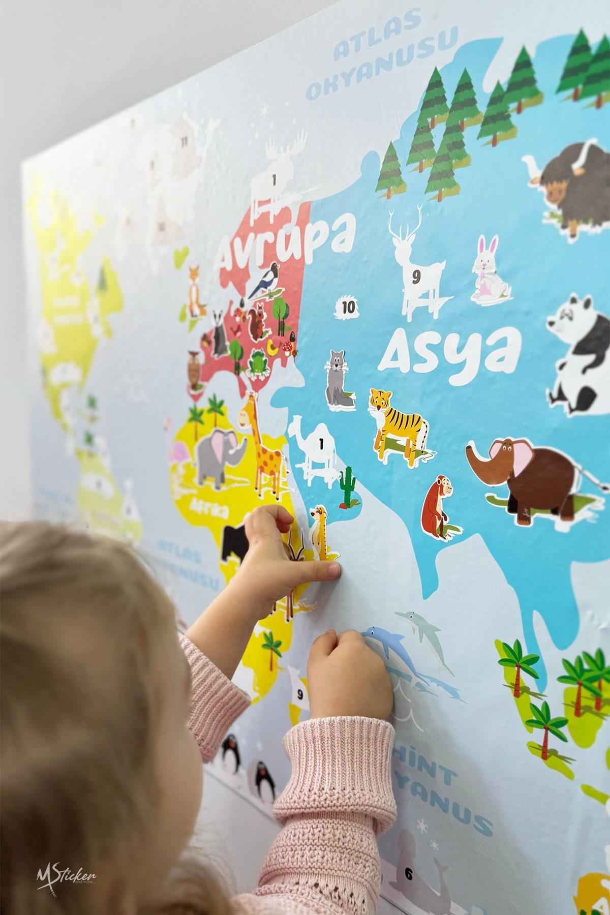 Yapıştır ve Öğren Eğitici ve Öğretici Dünya Haritası Çocuk Odası Duvar Sticker, 56 Parça