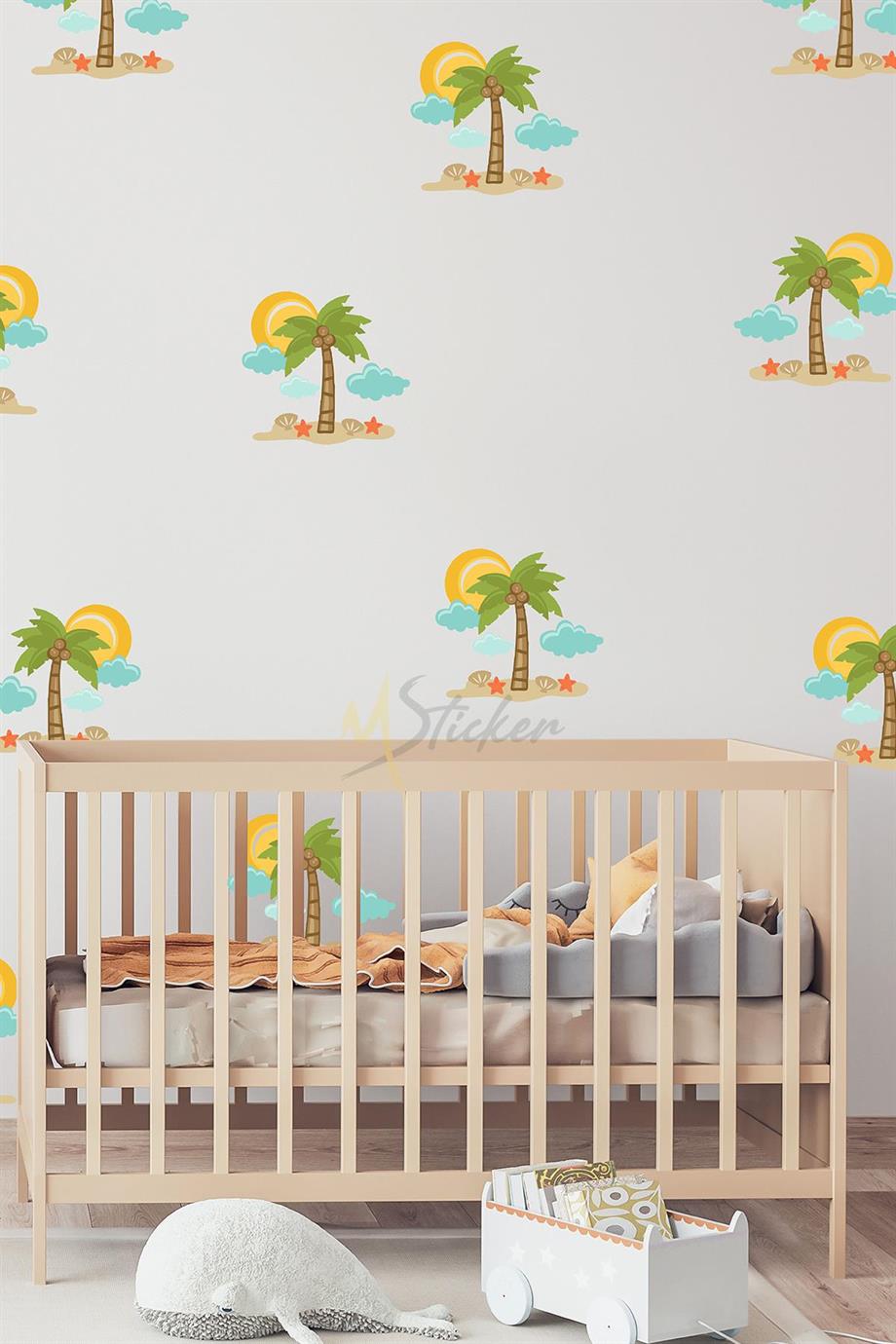 Yaz Temalı Palmiye Sticker Seti, Palmiye Güneş ve Kum Çocuk Bebek Odası Sticker Seti