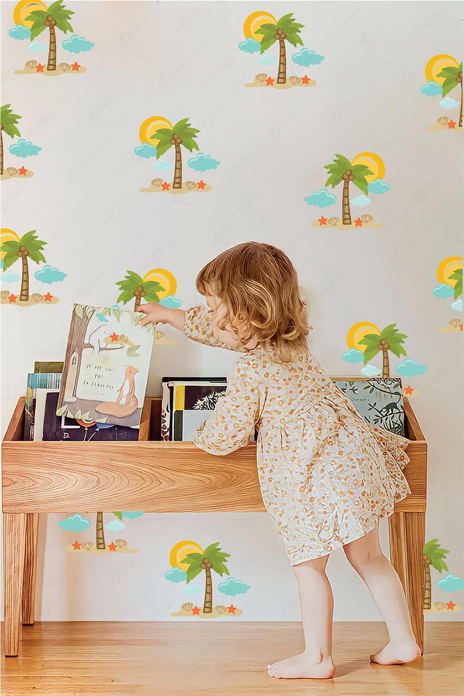 Yaz Temalı Palmiye Sticker Seti, Palmiye Güneş ve Kum Çocuk Bebek Odası Sticker Seti