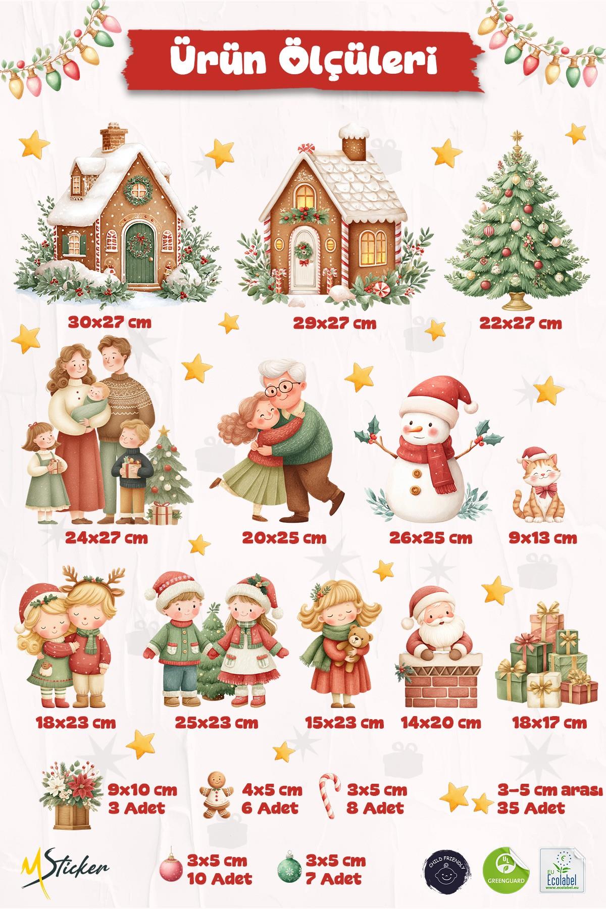 Yeni Yıl Cam Sticker Seti | Büyük Boy Aile & Noel Evi Temalı 80+ Parça Çift Taraflı Pencere Süsü
