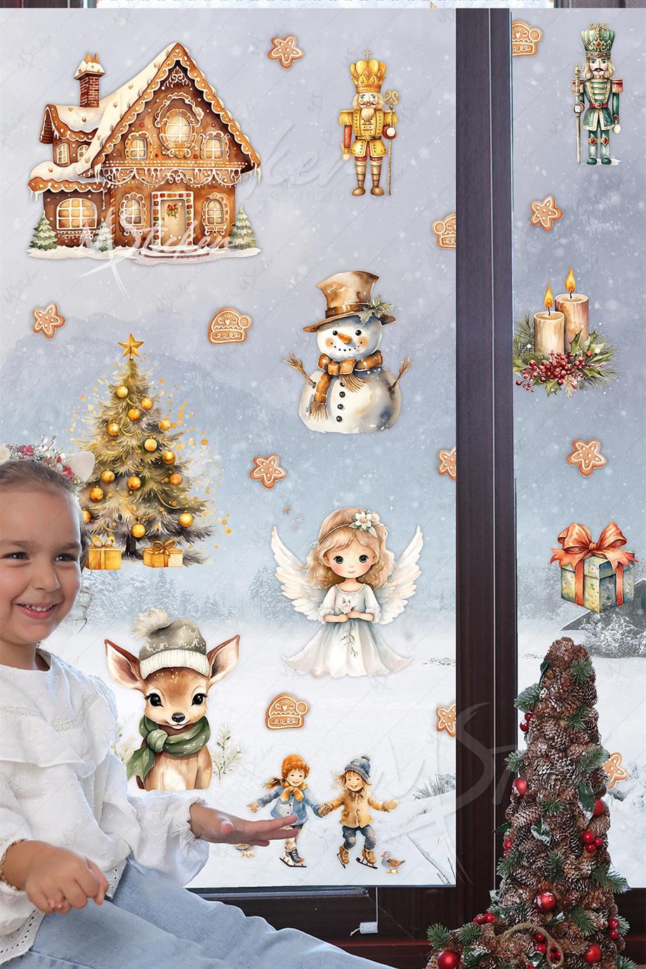 Yeni Yıl Masalı, Sevimli Yılbaşı Figürleri Sticker Seti, Kış Yılbaşı Süsü Sticker Cam Duvar Sticker