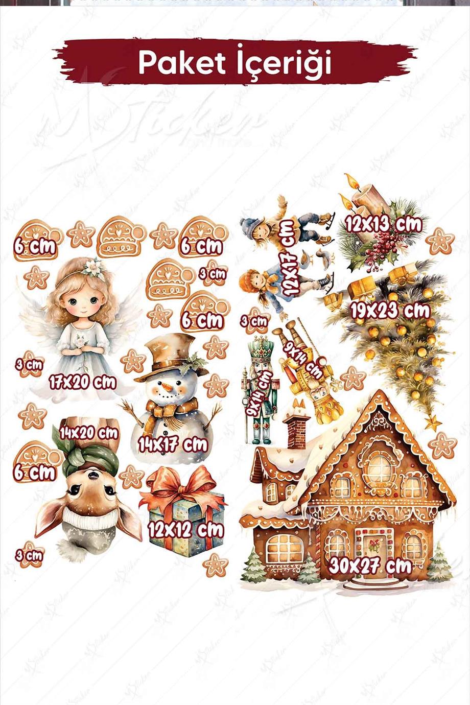 Yeni Yıl Masalı, Sevimli Yılbaşı Figürleri Sticker Seti, Kış Yılbaşı Süsü Sticker Cam Duvar Sticker